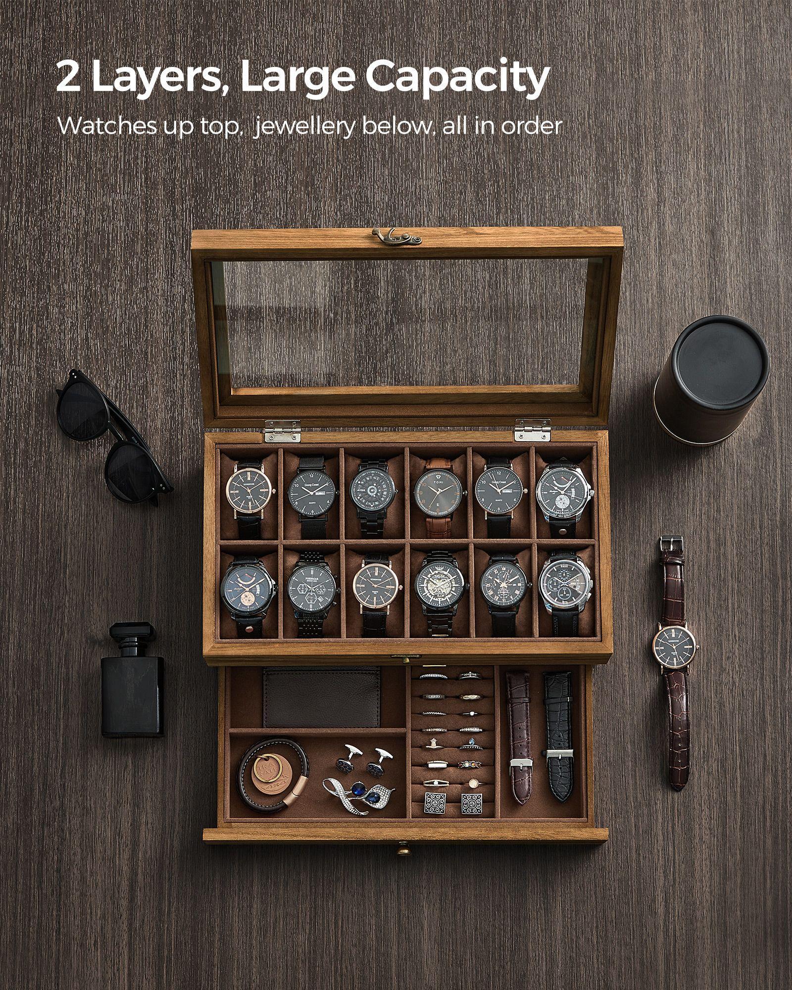 2-Tier Watch Display Case with Large Glass Lid Rustic Walnut FredCo