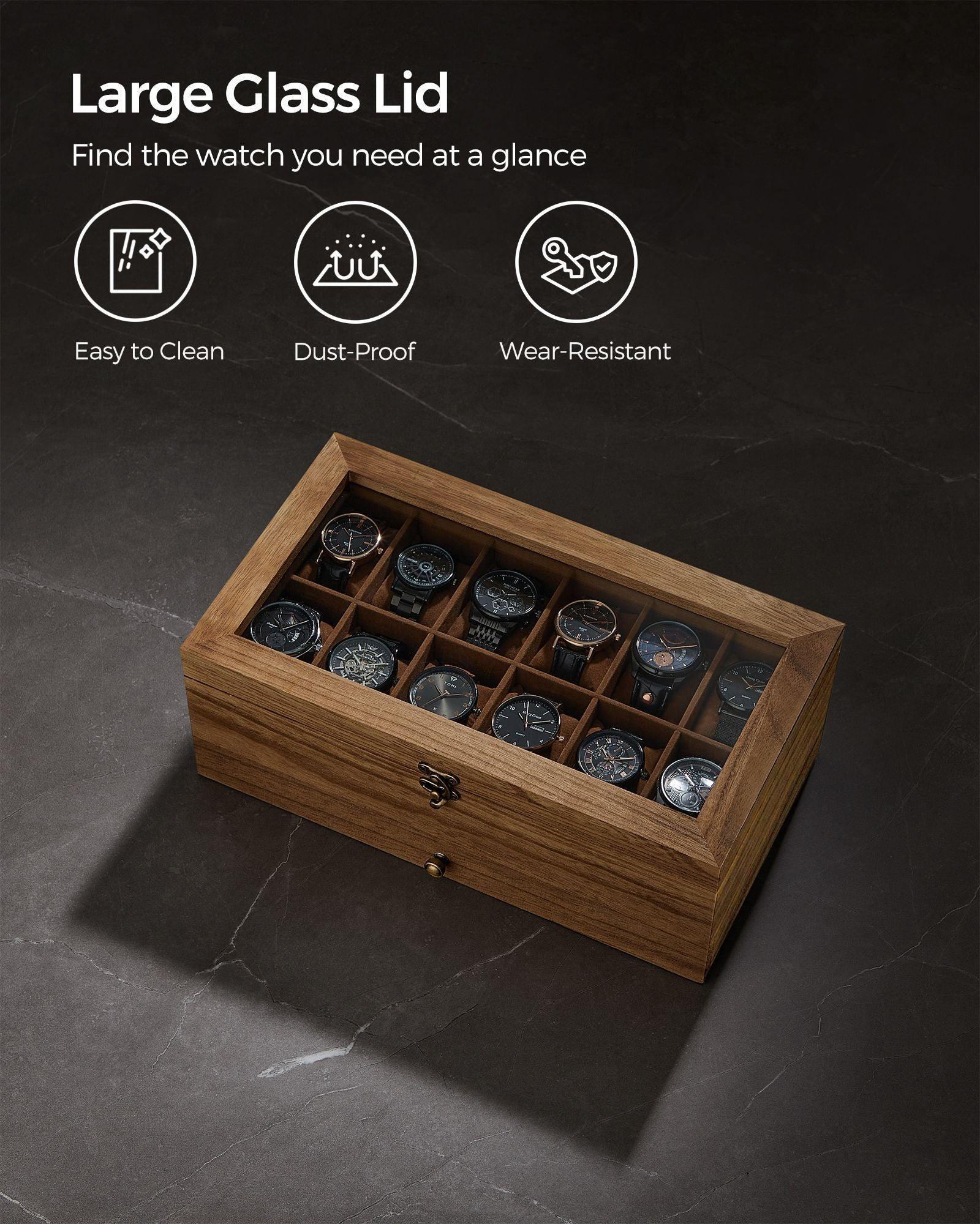 2-Tier Watch Display Case with Large Glass Lid Rustic Walnut FredCo