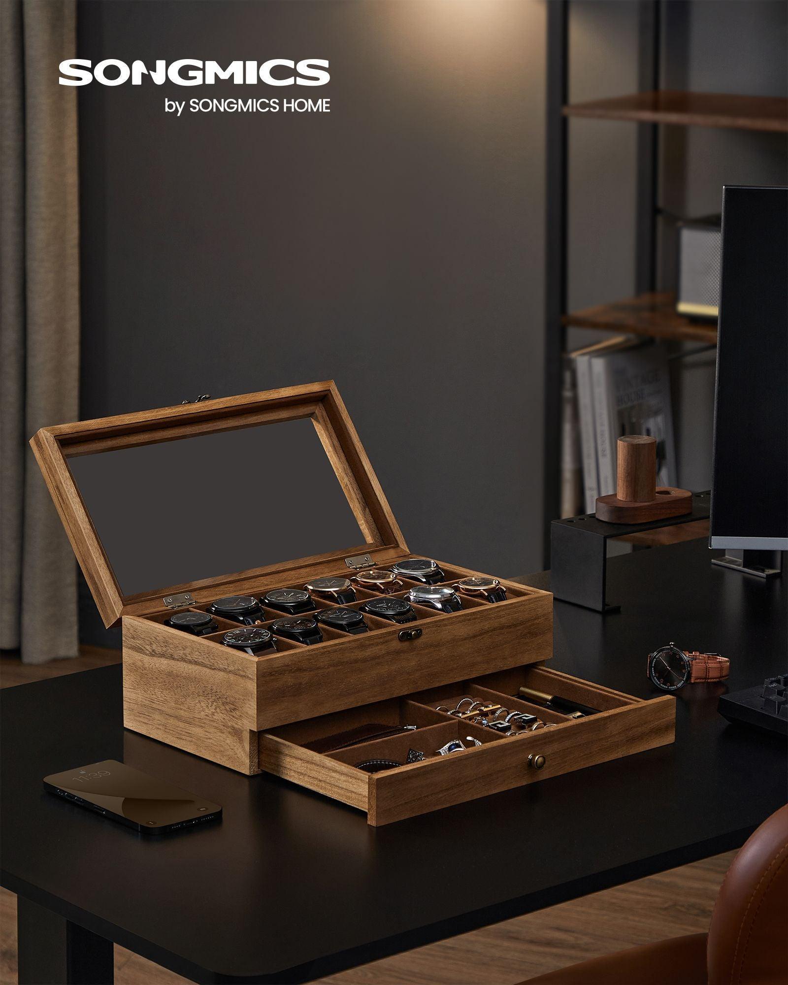 2-Tier Watch Display Case with Large Glass Lid Rustic Walnut FredCo