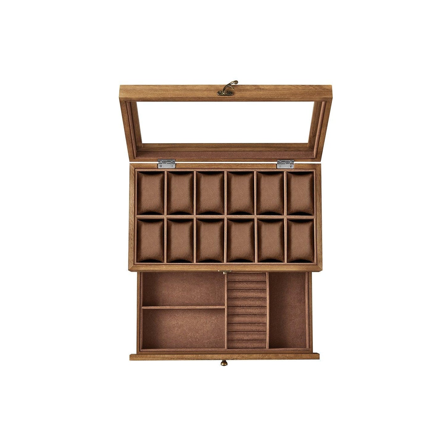 2-Tier Watch Display Case with Large Glass Lid Rustic Walnut FredCo