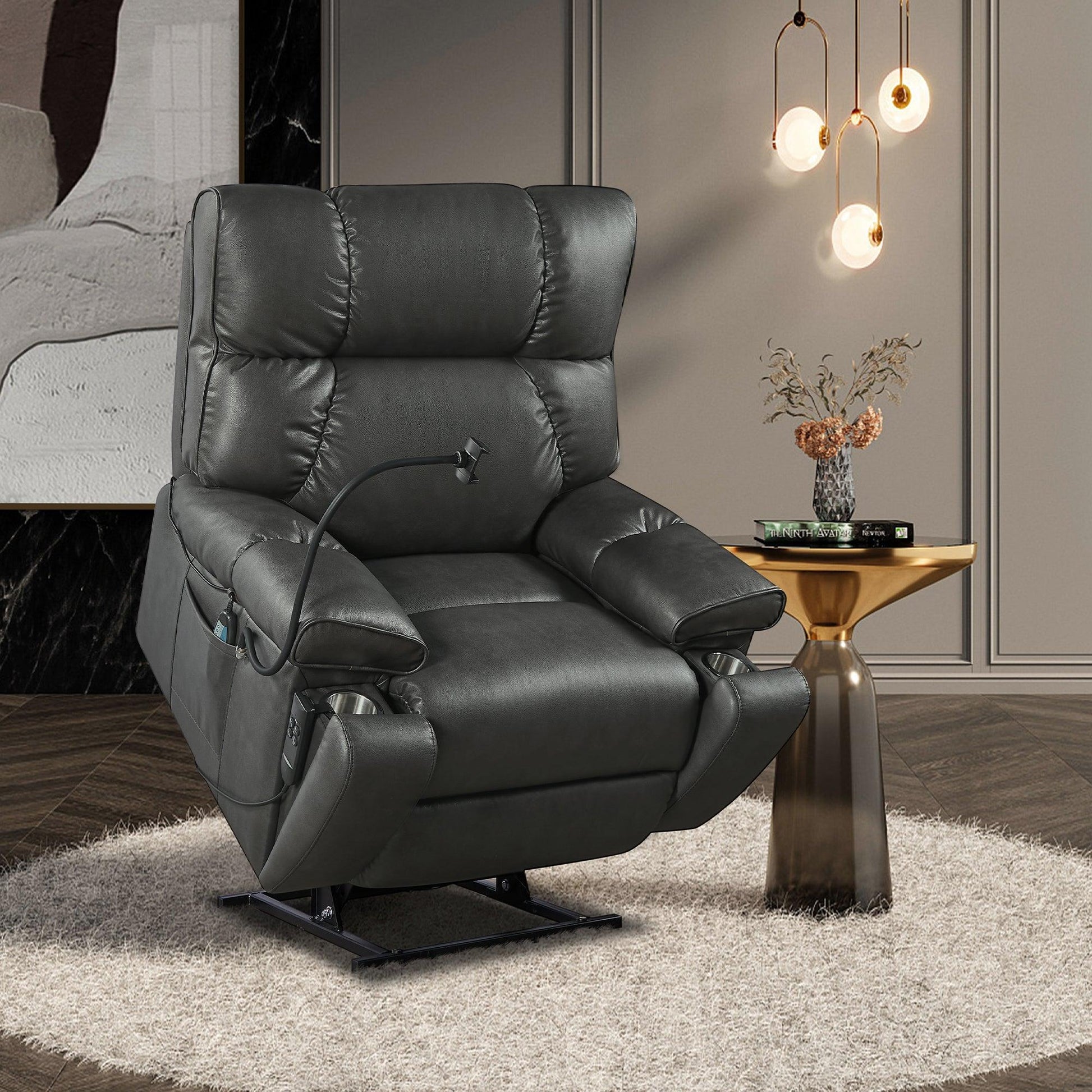 Electric Power Lift Recliner Chair with Massage, Heat, Phone Holder, and Integrated Cup Holders, Gray FredCo