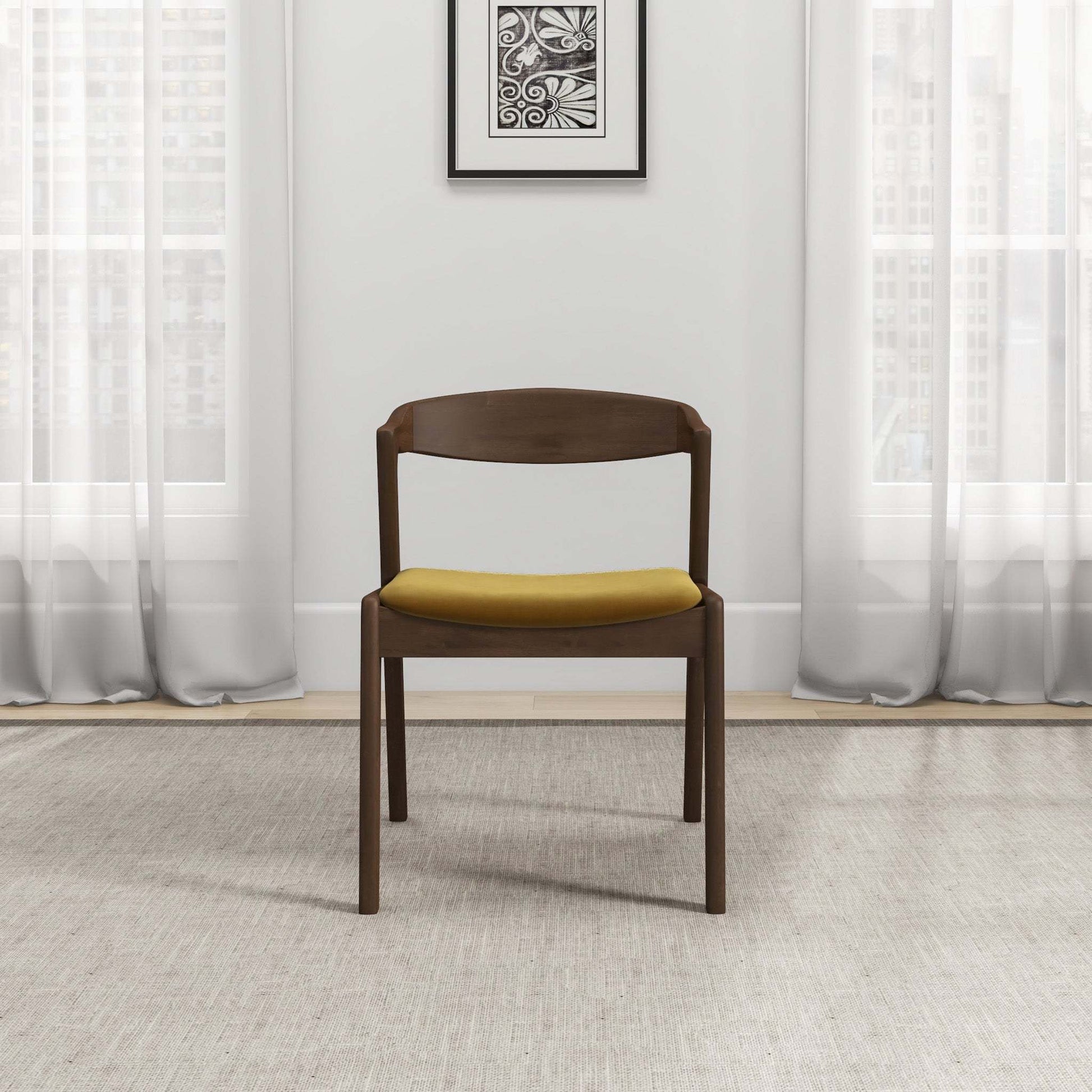 Dakota Dark Yellow Velvet Dining Chair (Set of 2) With Solid Wood Legs and Mid-Century Modern Design 29.3'H x 16'W x 22'D FredCo