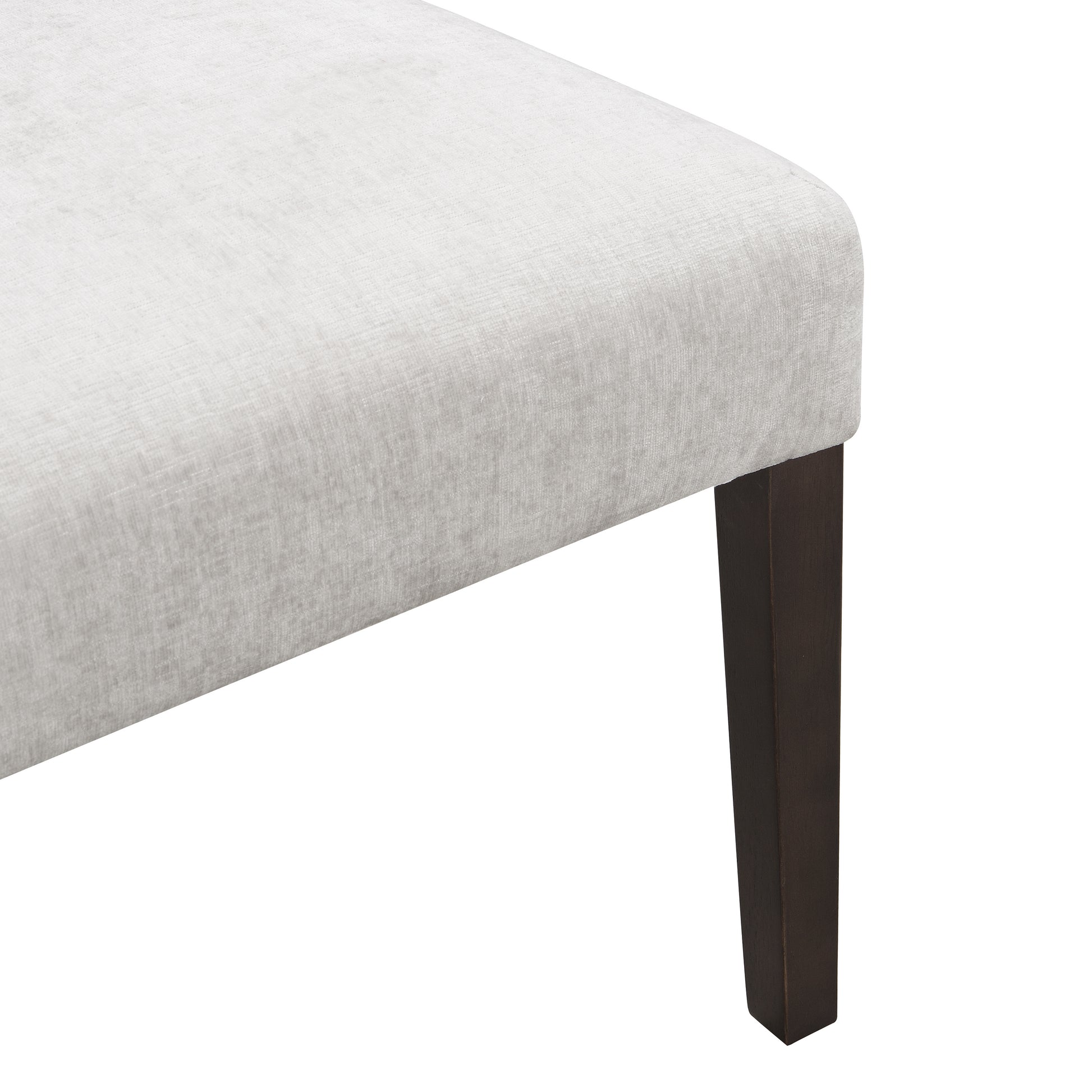 Modern upholstered bench with light fabric seat and dark wood leg, FredCo International furniture