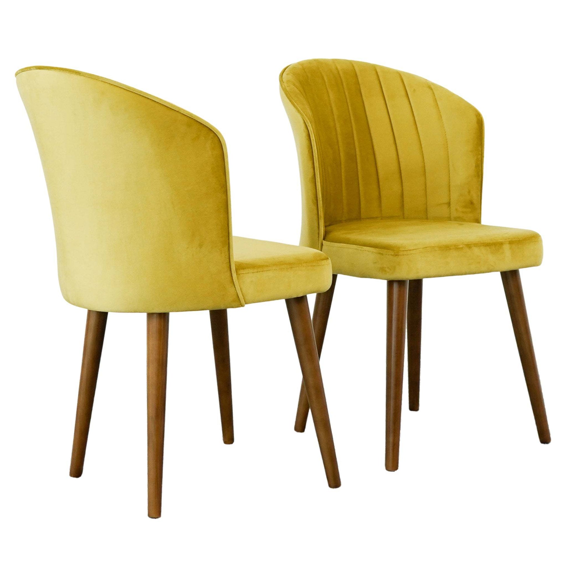 Pair of modern yellow velvet dining chairs with wooden legs from FredCo International furniture