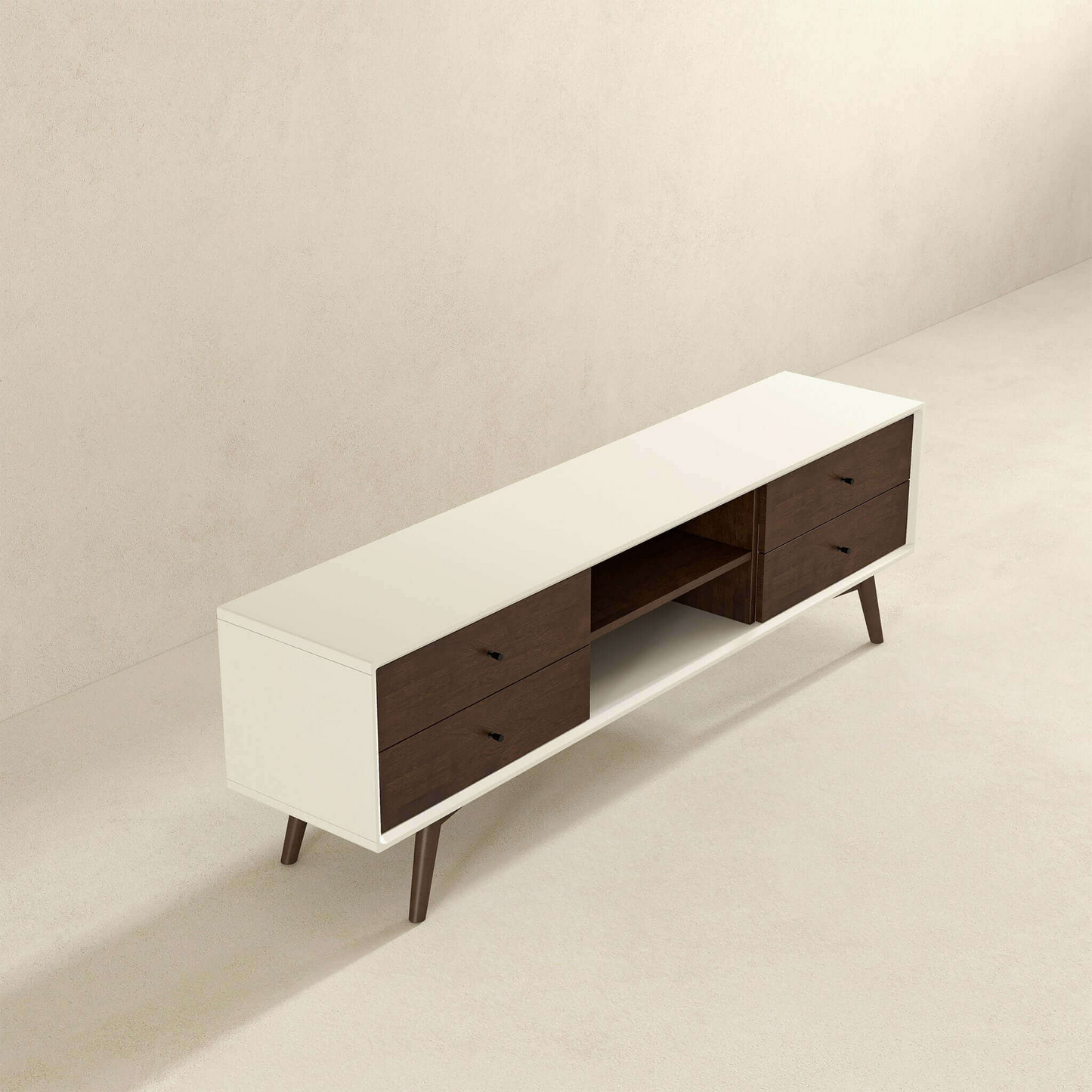 Modern TV stand with white frame, dark wood drawers, and open shelf, FredCo International furniture