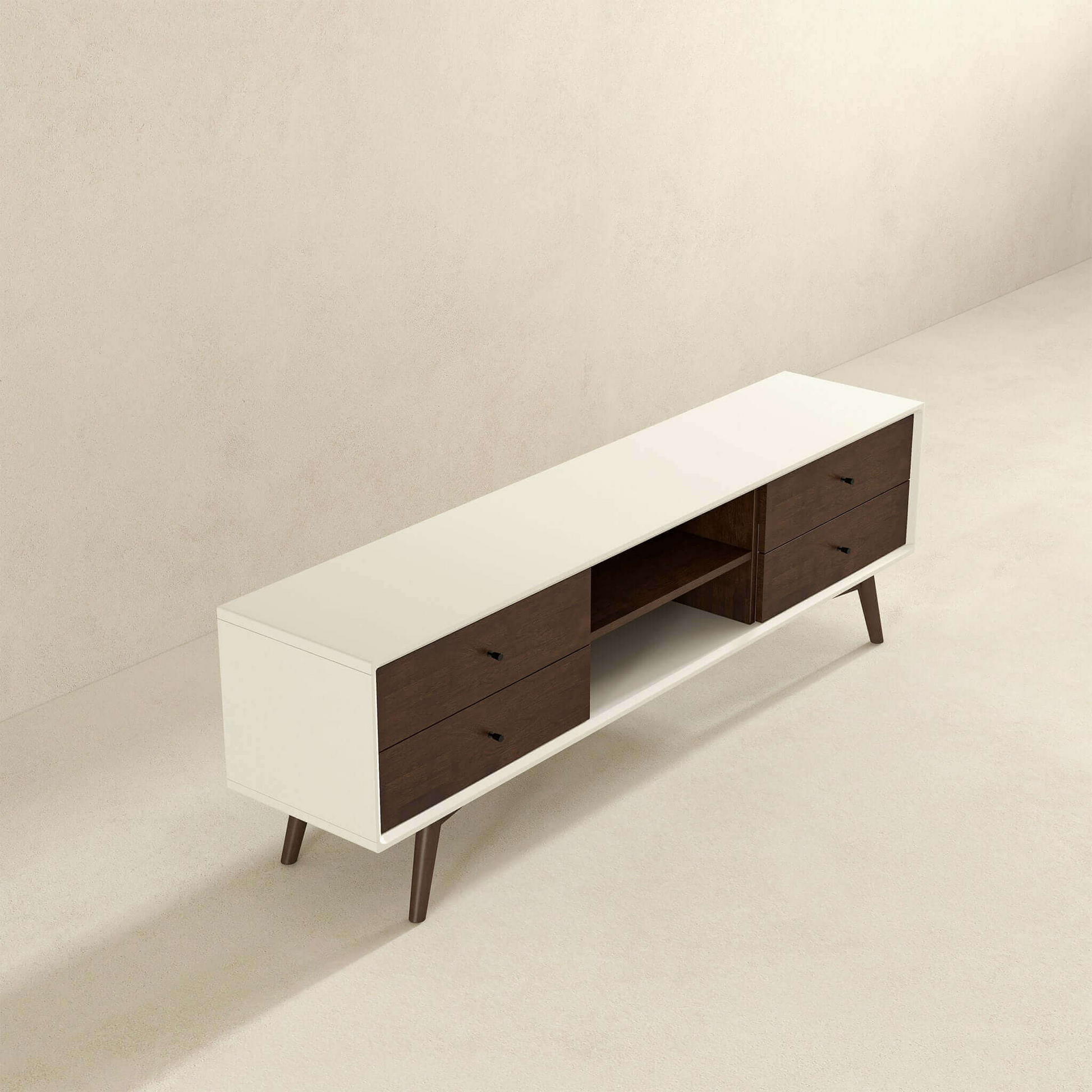 Modern TV stand with white frame, dark wood drawers, and open shelf, FredCo International furniture