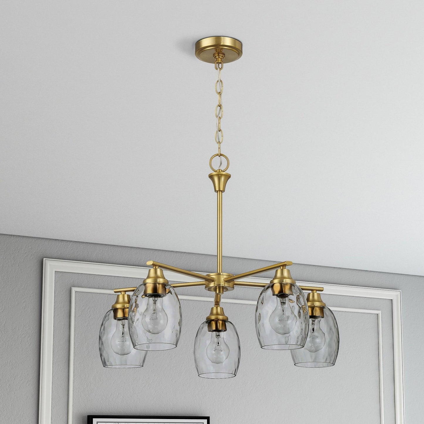 Elegance Five Lights Linear Arms Chandelier with Golden Brass Finish and Clear Water Glass 24'W x 8.5'H FredCo