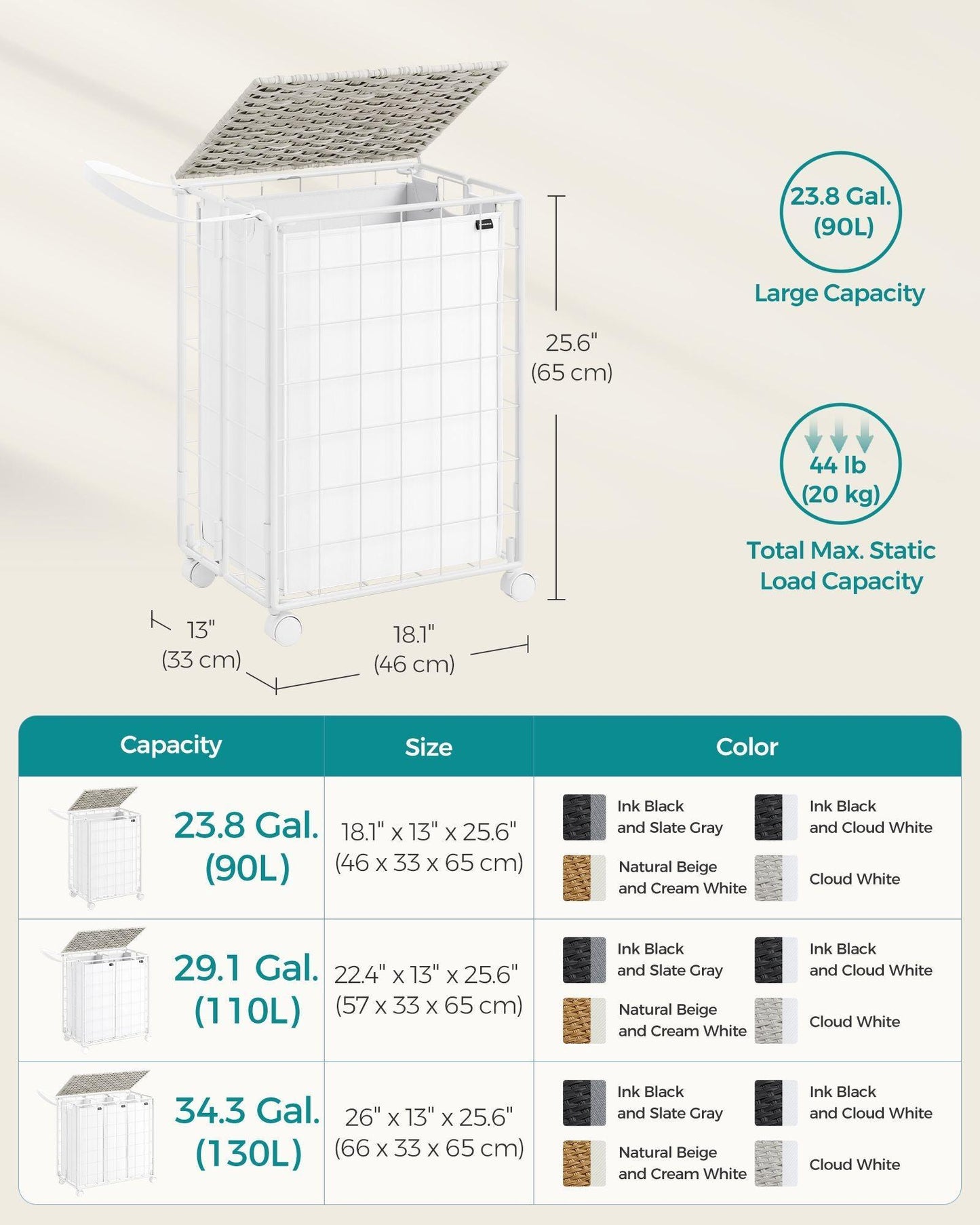 23.8-Gallon Laundry Hamper with Wheels Cloud Cloud White FredCo