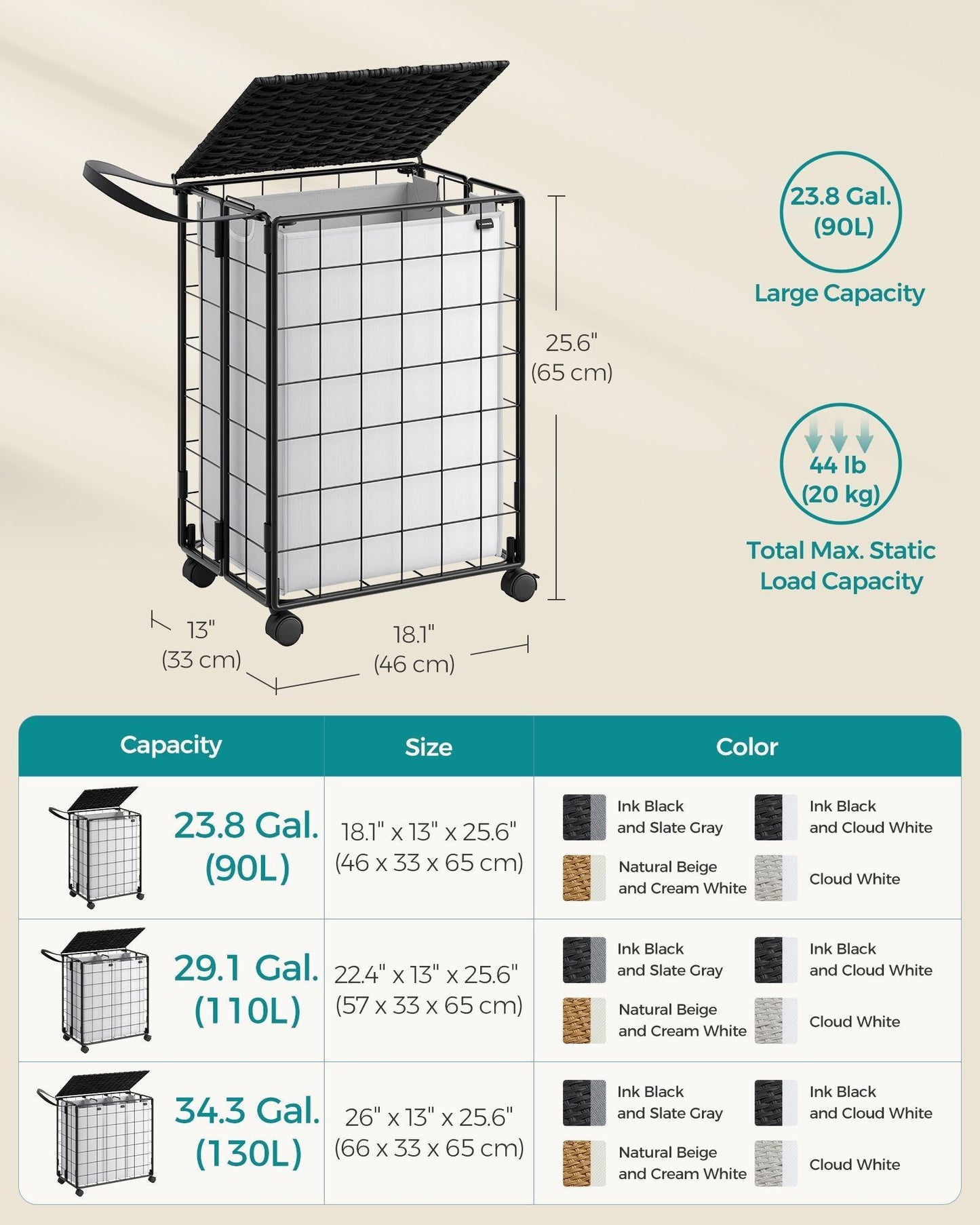 23.8-Gallon Laundry Hamper with Wheels Cloud Ink Black and Cloud White FredCo