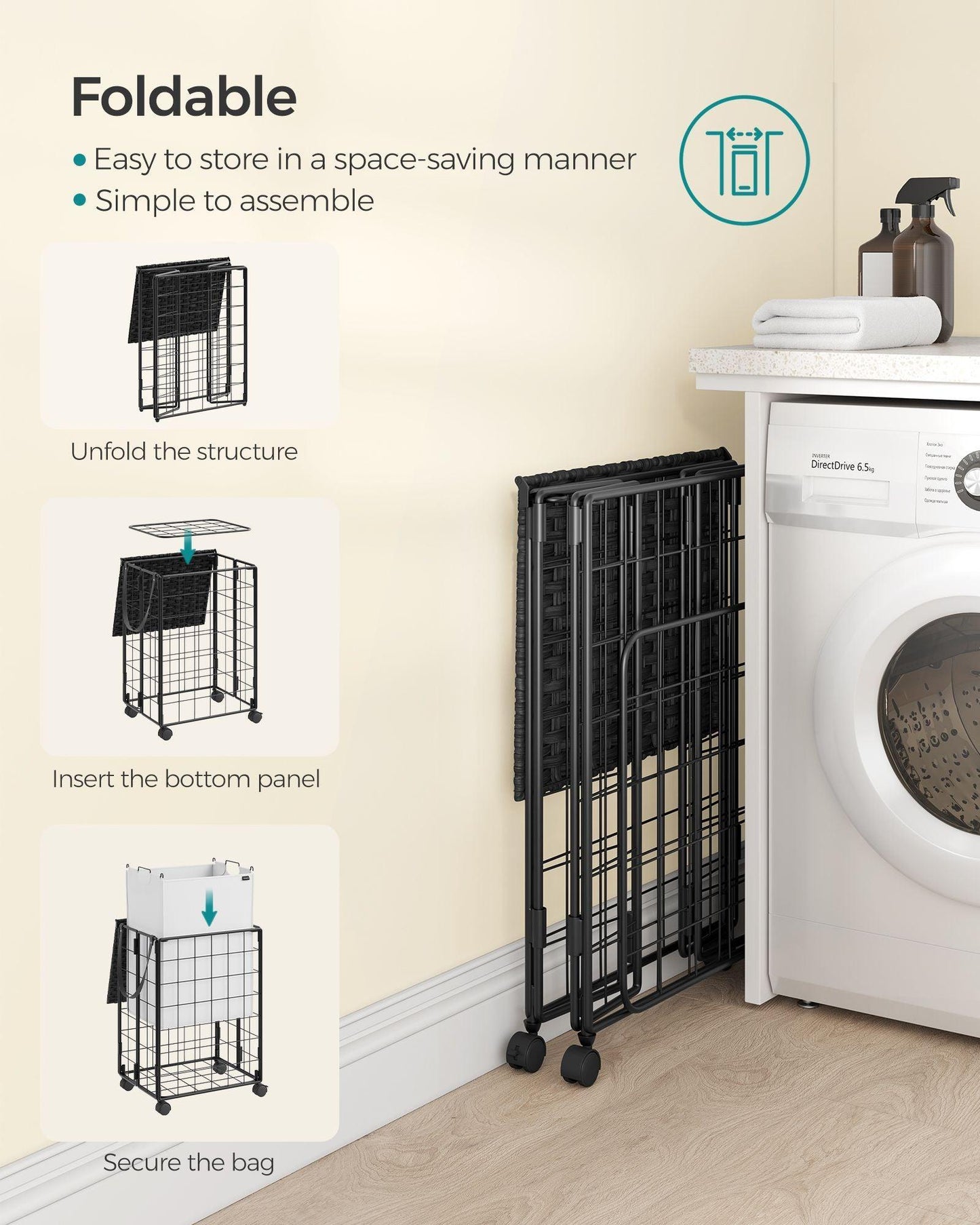 23.8-Gallon Laundry Hamper with Wheels Cloud Ink Black and Cloud White FredCo