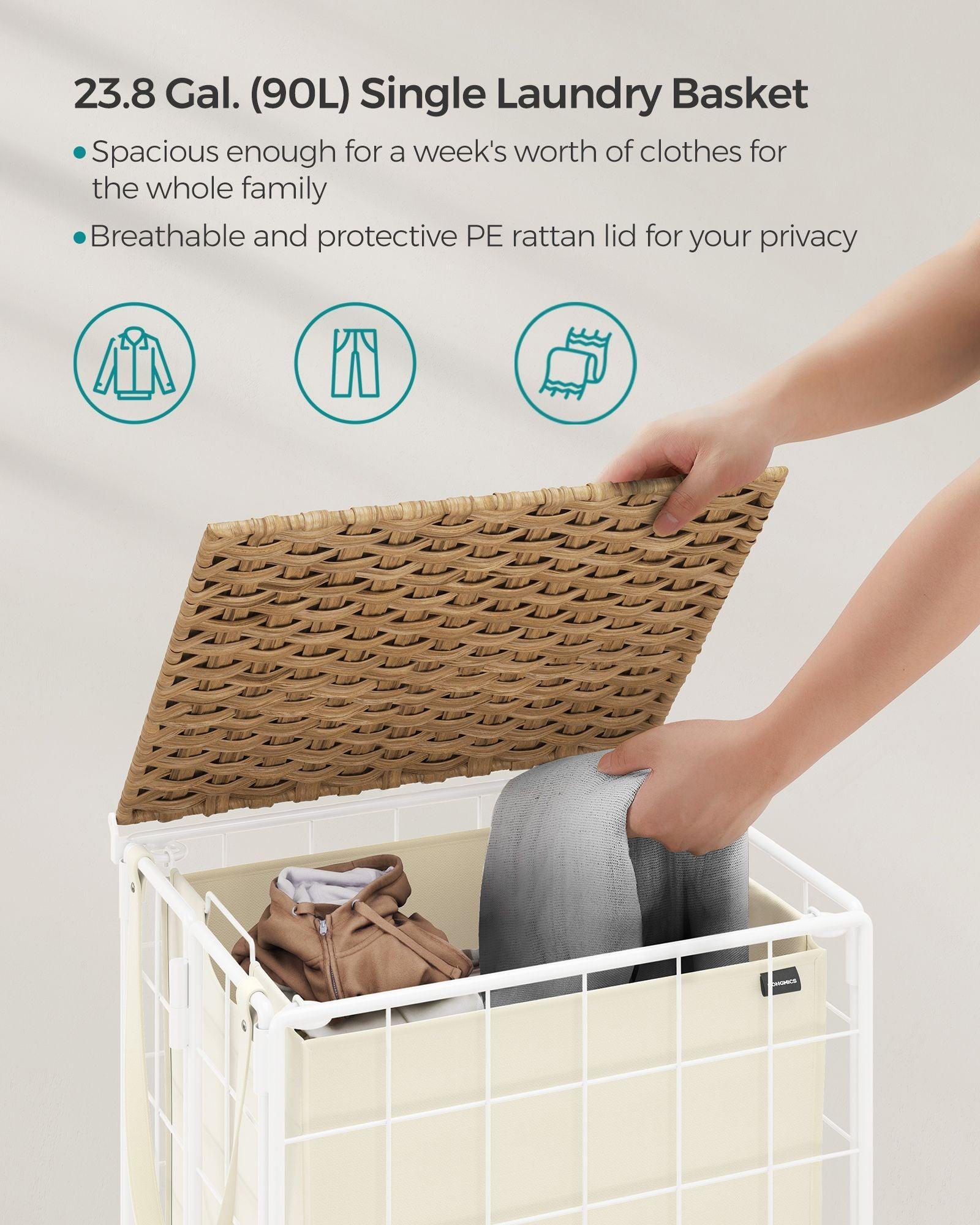 23.8-Gallon Laundry Hamper with Wheels Natural Beige and Cream White FredCo