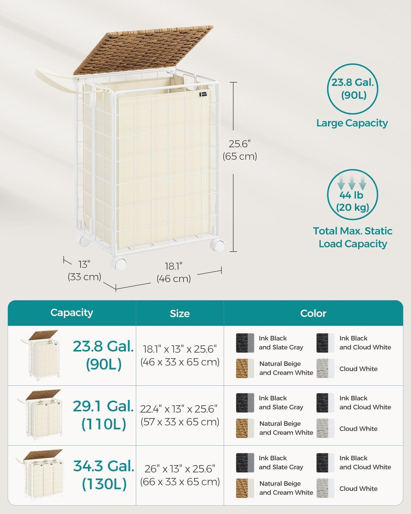 23.8-Gallon Laundry Hamper with Wheels Natural Beige and Cream White FredCo