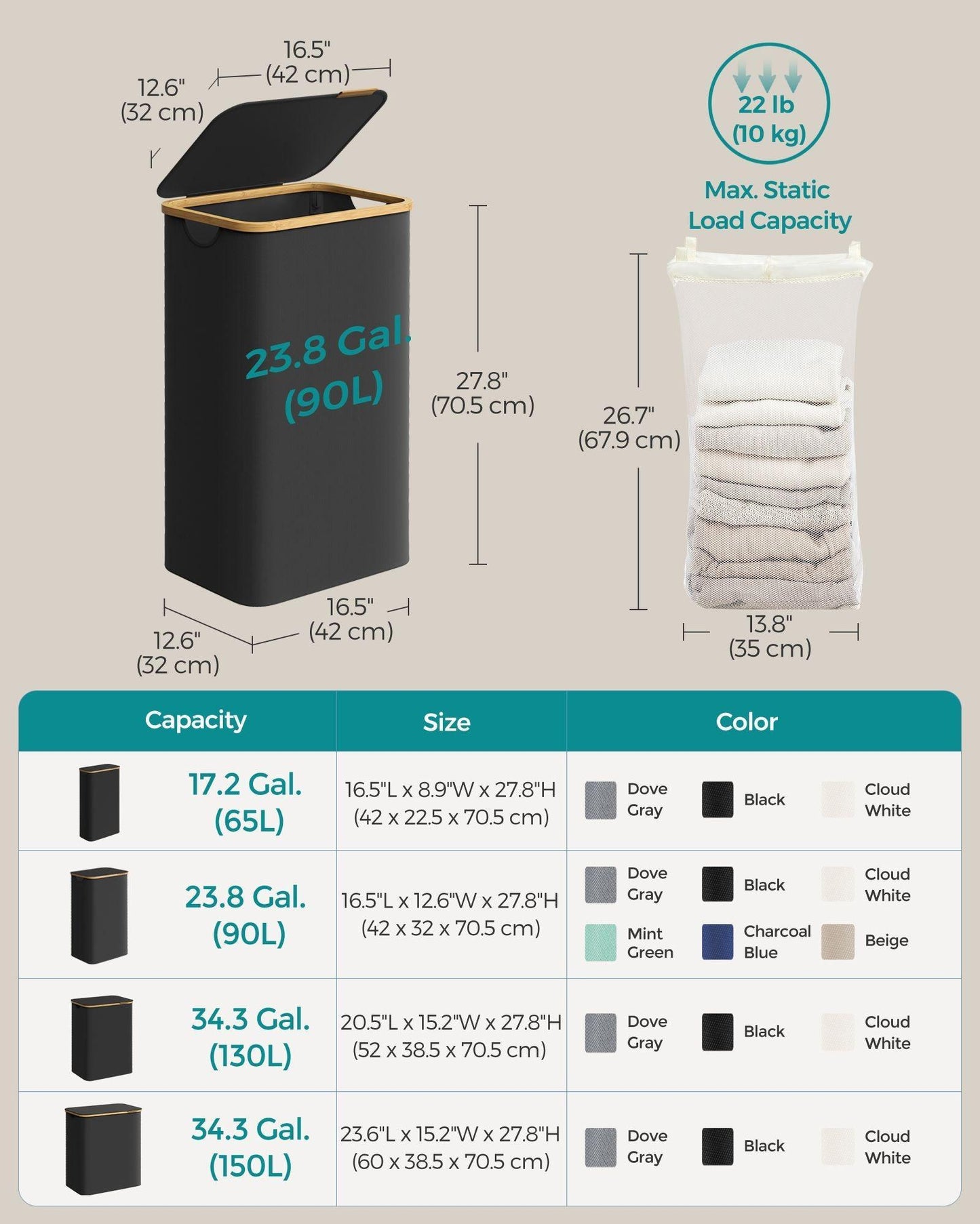 23.8 Gallons (90L) Laundry Hamper with Lid Ink Black FredCo