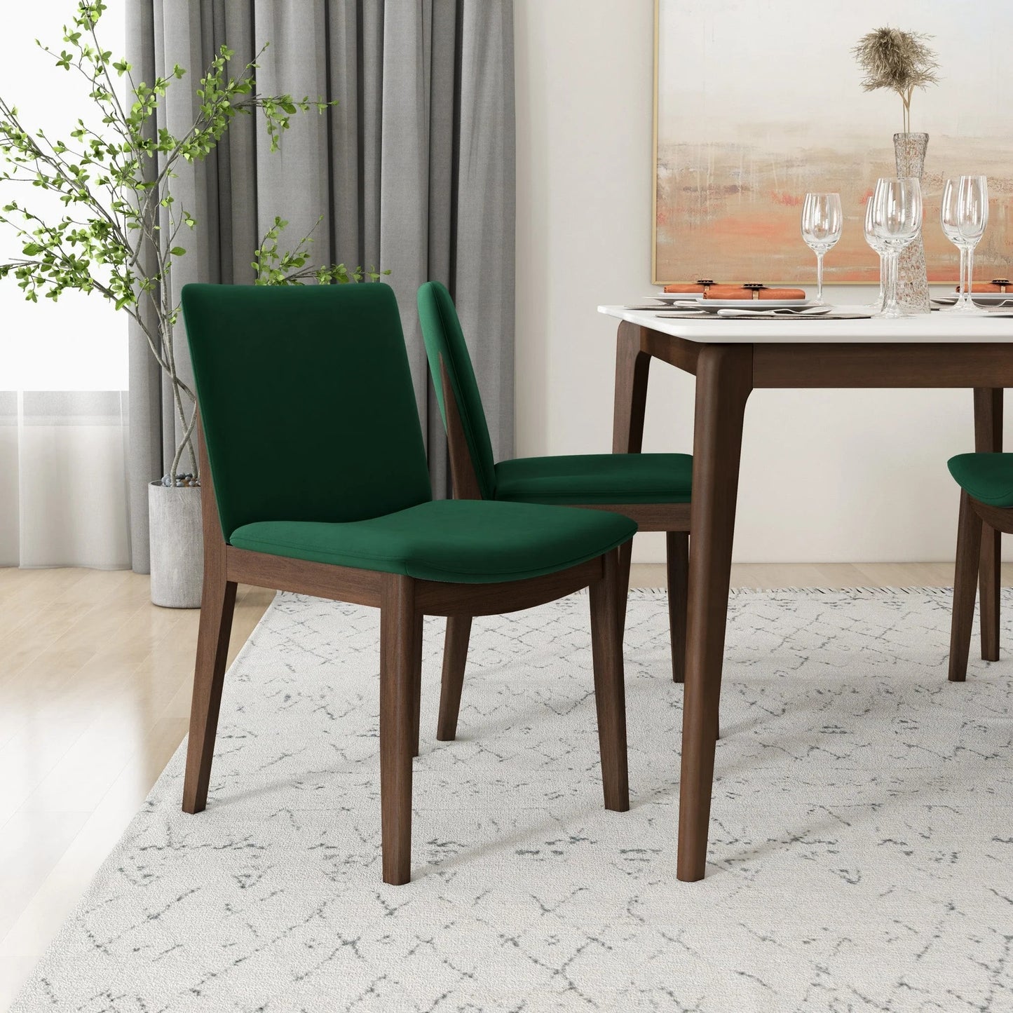 Laura Mid-Century Modern Solid Wood Dining Chair Set of 2 Green Velvet 20 x 20 x 32 inches FredCo