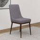 Modern grey fabric dining chair with wooden legs on textured rug, FredCo International furniture