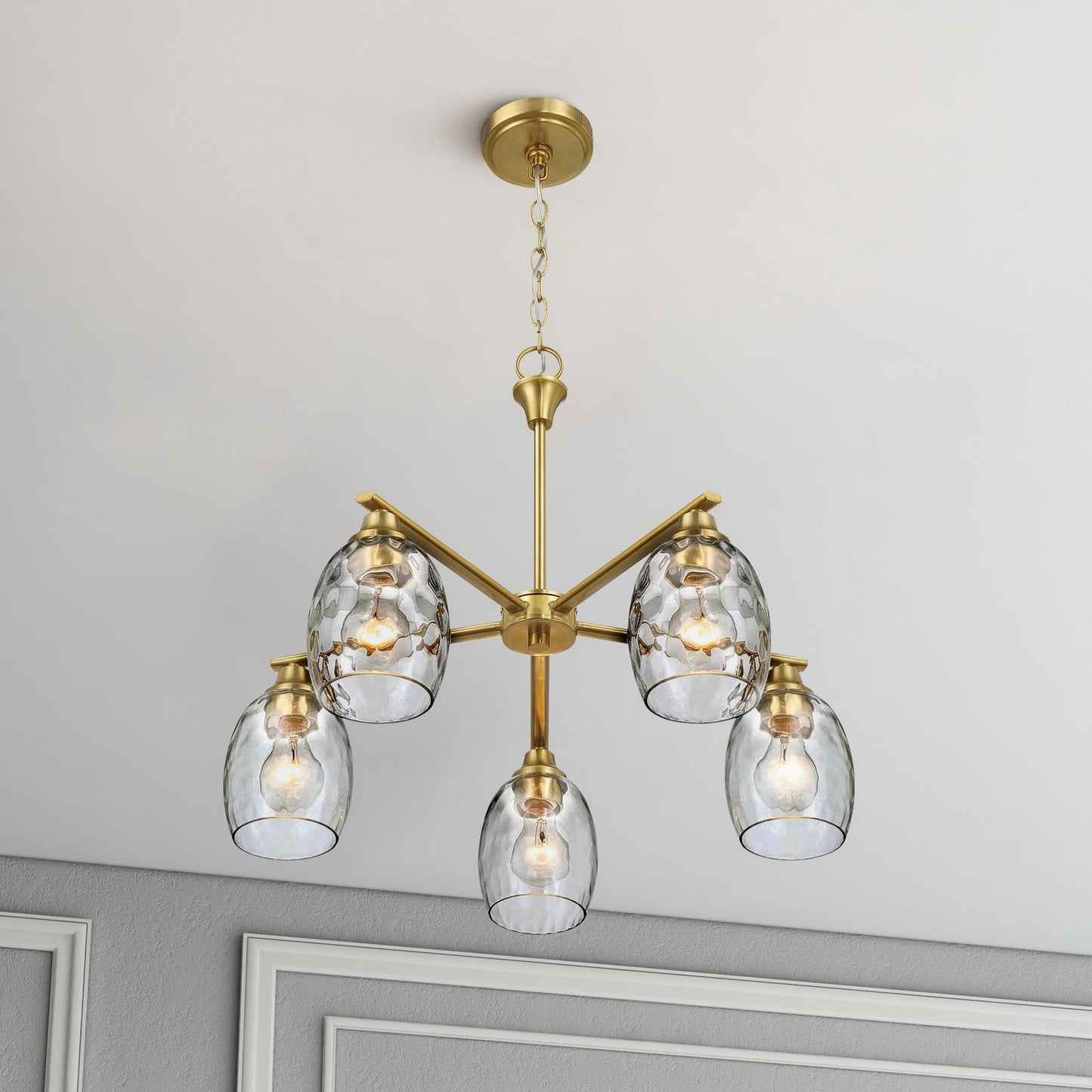 Elegance Five Lights Linear Arms Chandelier with Golden Brass Finish and Clear Water Glass 24'W x 8.5'H FredCo