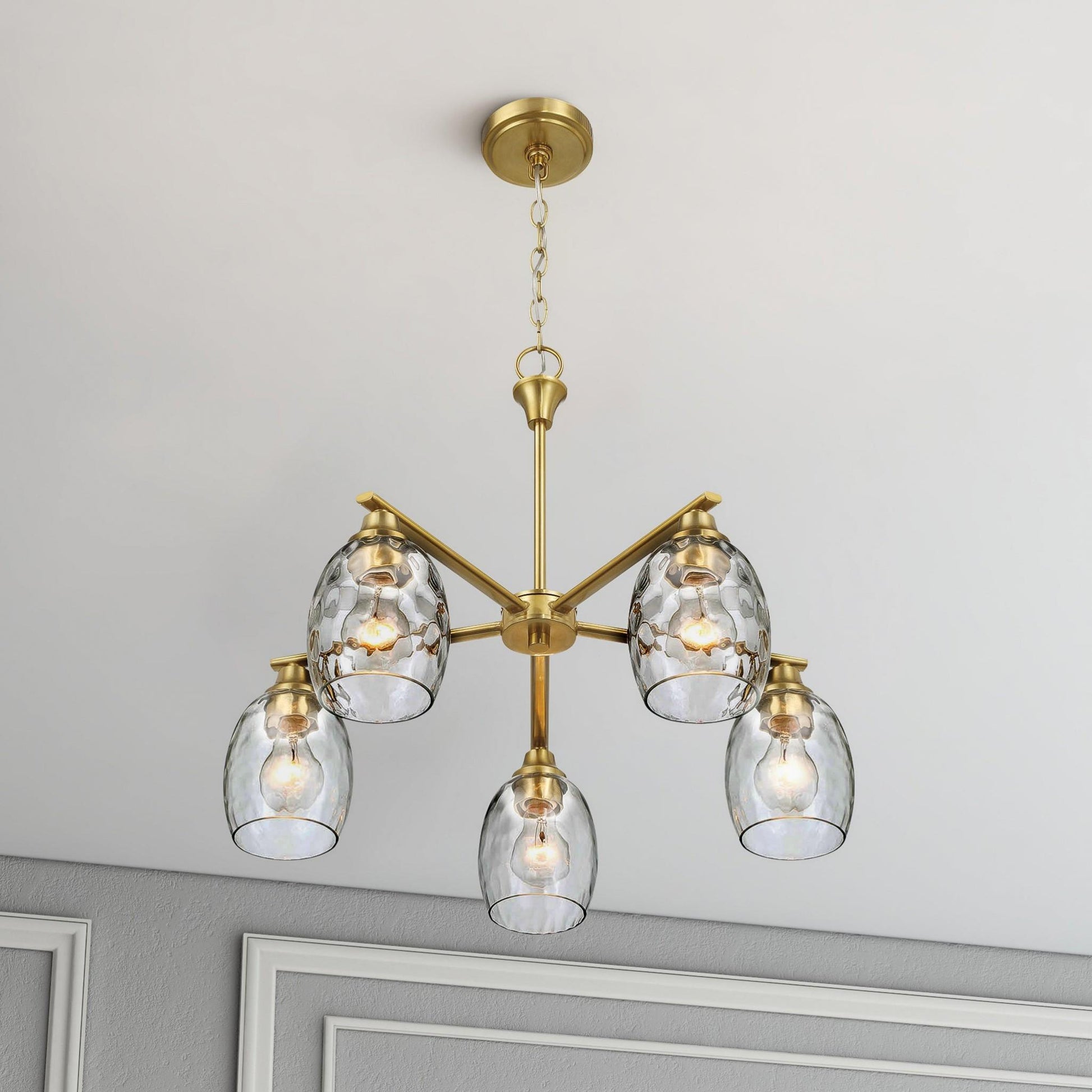 Elegance Five Lights Linear Arms Chandelier with Golden Brass Finish and Clear Water Glass 24'W x 8.5'H FredCo
