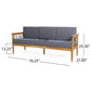 Modern wooden sofa with gray cushions, labeled with dimensions, from FredCo International furniture.