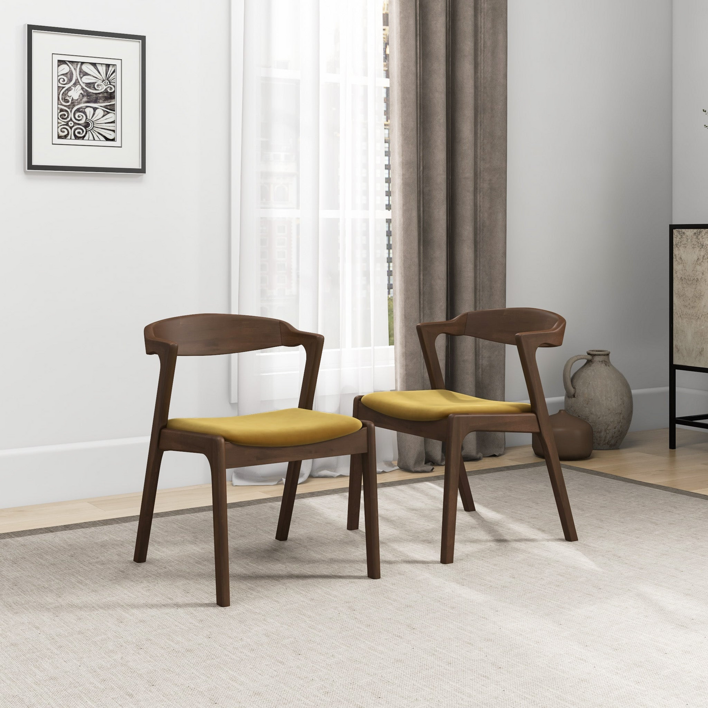 Dakota Dark Yellow Velvet Dining Chair (Set of 2) With Solid Wood Legs and Mid-Century Modern Design 29.3'H x 16'W x 22'D FredCo