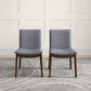 Set of two modern gray upholstered dining chairs with wooden legs on patterned rug