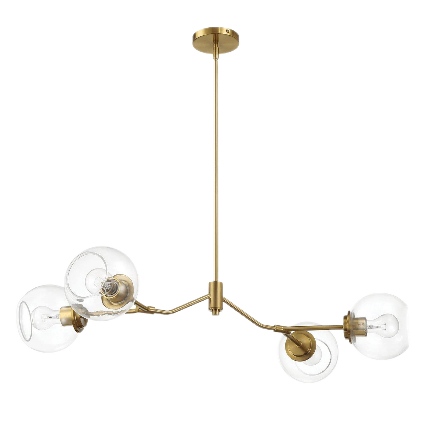 Modern brass chandelier with four clear glass globe shades, FredCo International furniture