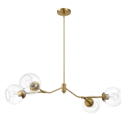 Modern brass chandelier with four clear glass globe shades, FredCo International furniture