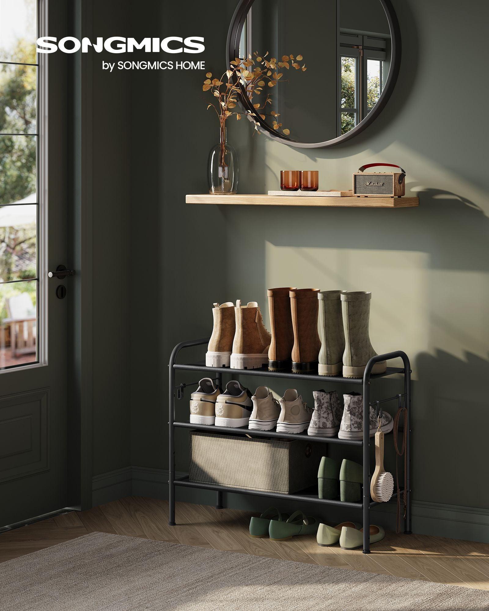 26.7" Wide 3-Tier Fabric Shoe Rack with 4 Hooks Ink Black FredCo