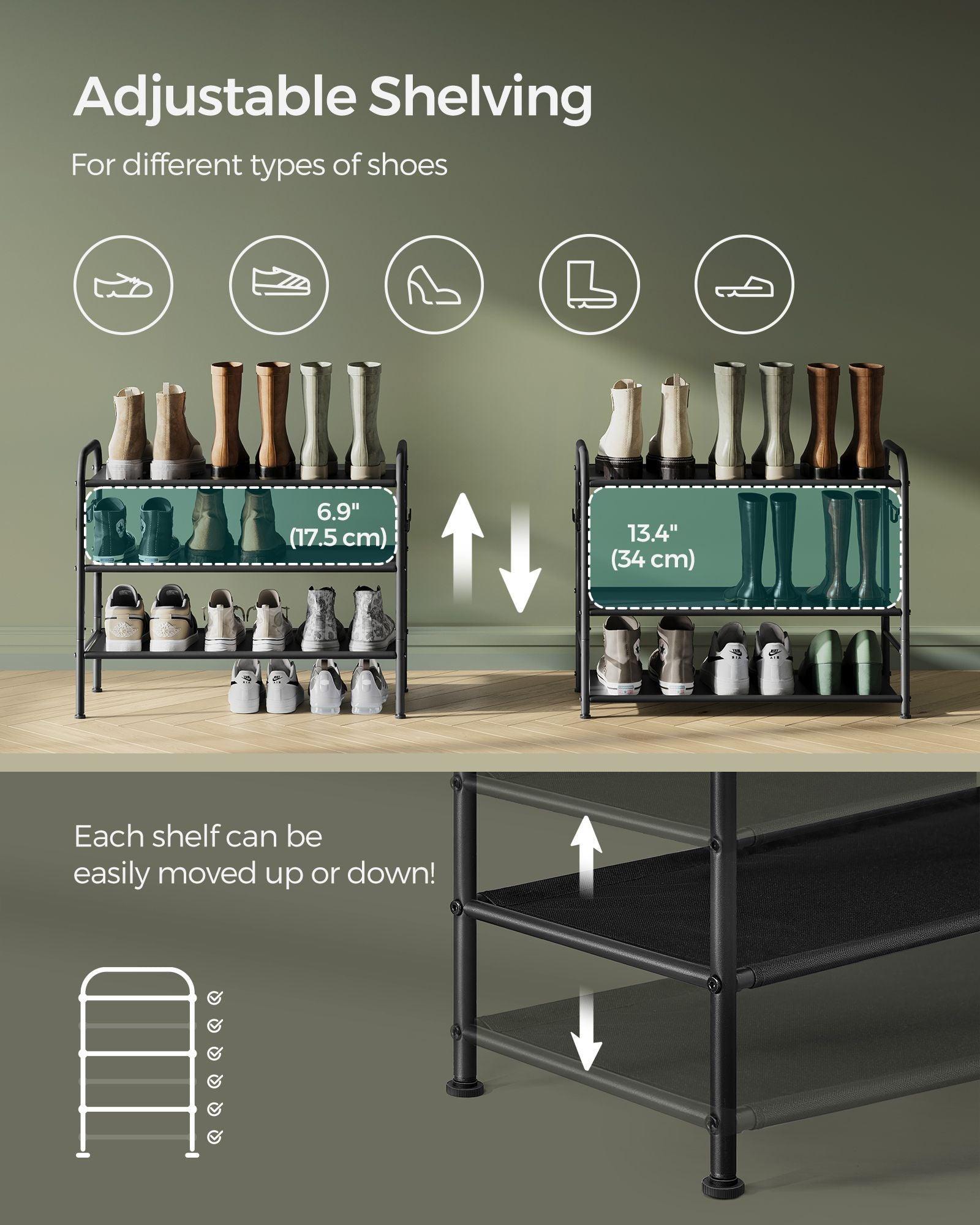 26.7" Wide 3-Tier Fabric Shoe Rack with 4 Hooks Ink Black FredCo