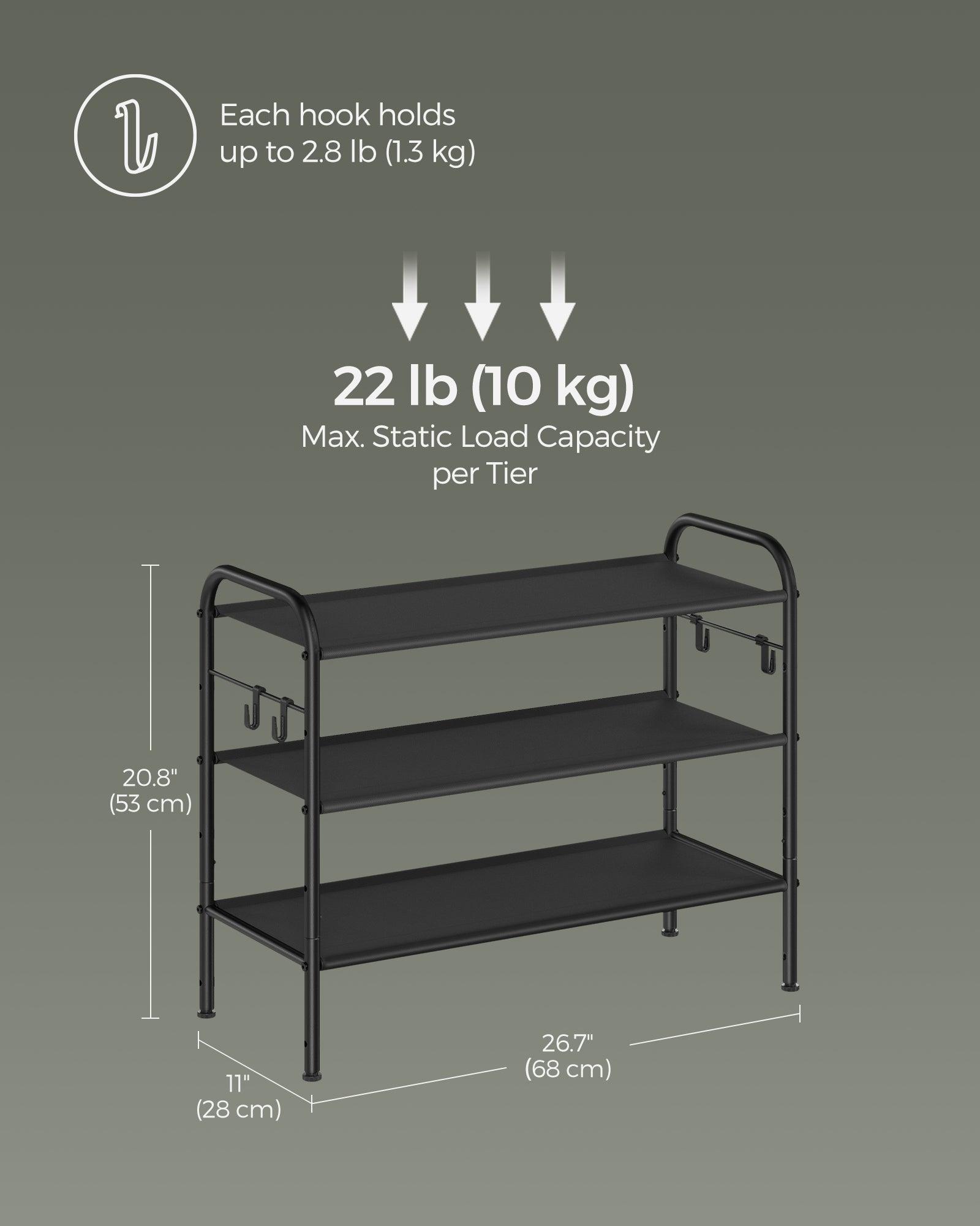 26.7" Wide 3-Tier Fabric Shoe Rack with 4 Hooks Ink Black FredCo