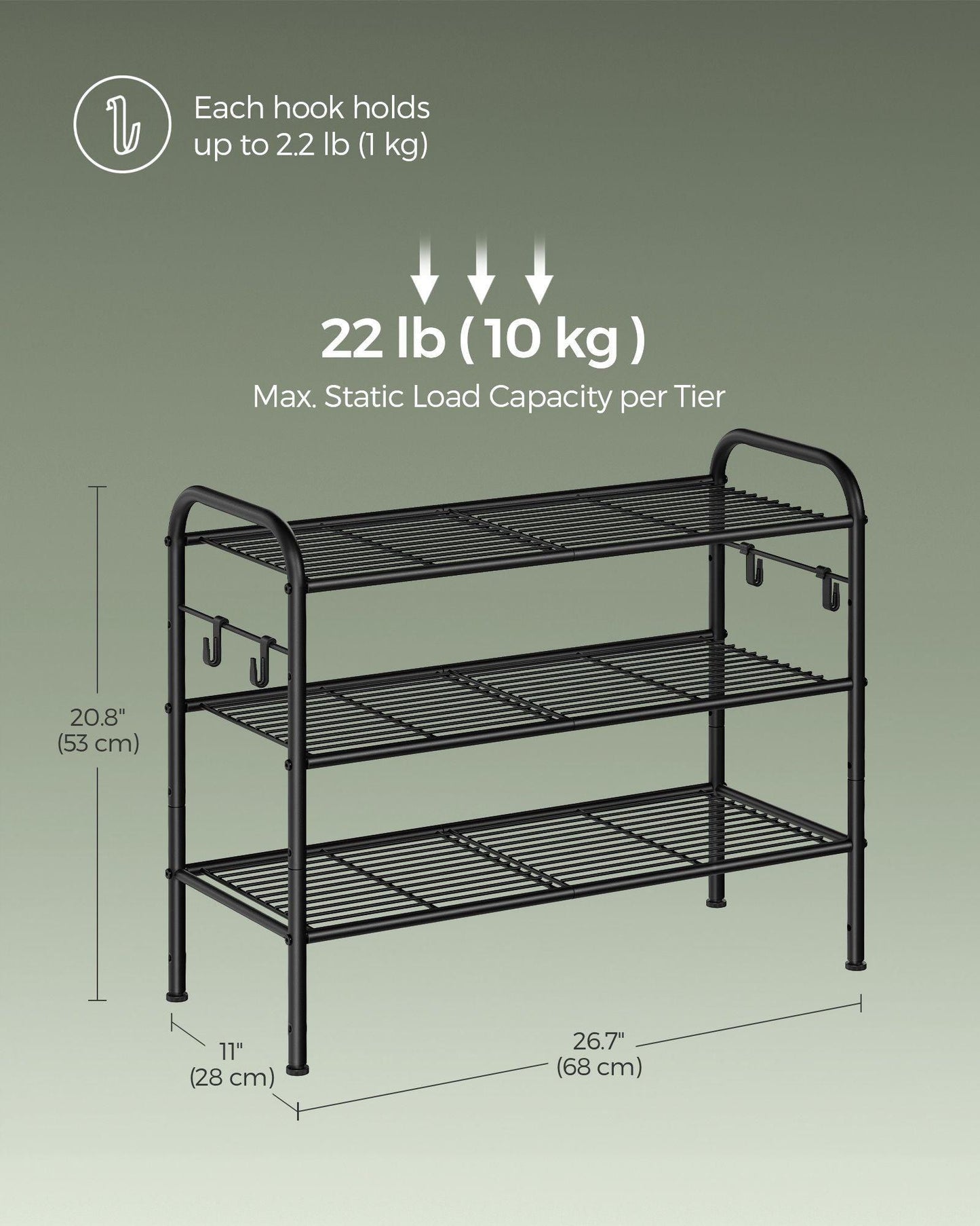 26.7" Wide 3-Tier Metal Shoe Rack with 4 Hooks Ink Black FredCo