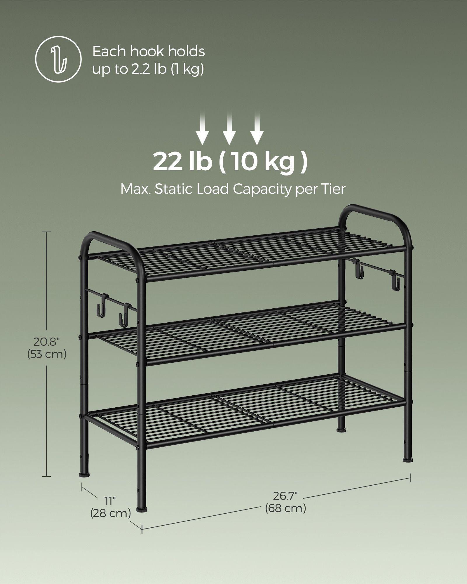 26.7" Wide 3-Tier Metal Shoe Rack with 4 Hooks Ink Black FredCo