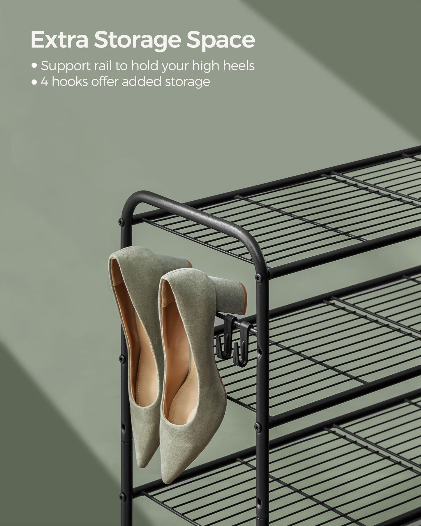 26.7" Wide 3-Tier Metal Shoe Rack with 4 Hooks Ink Black FredCo
