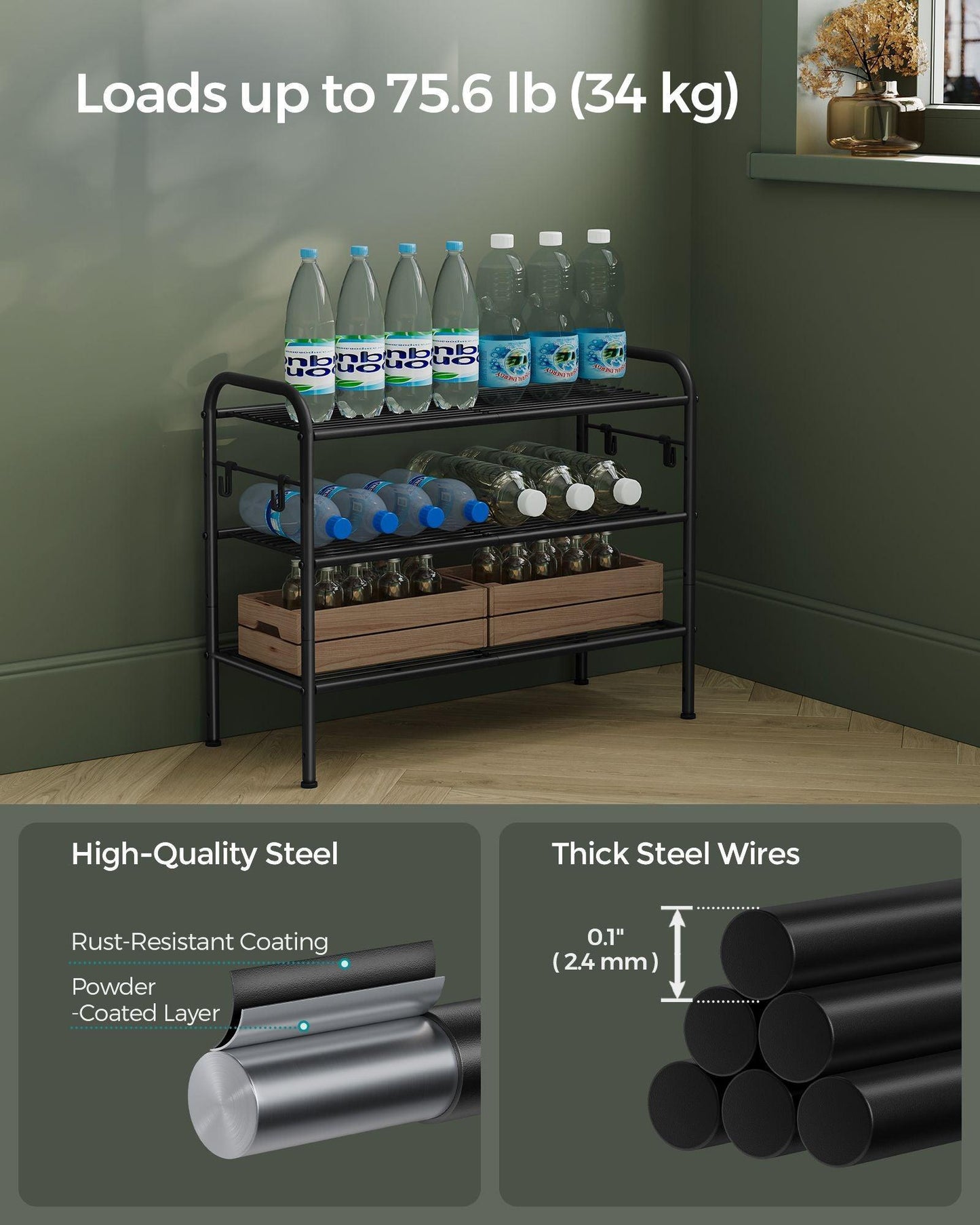 26.7" Wide 3-Tier Metal Shoe Rack with 4 Hooks Ink Black FredCo