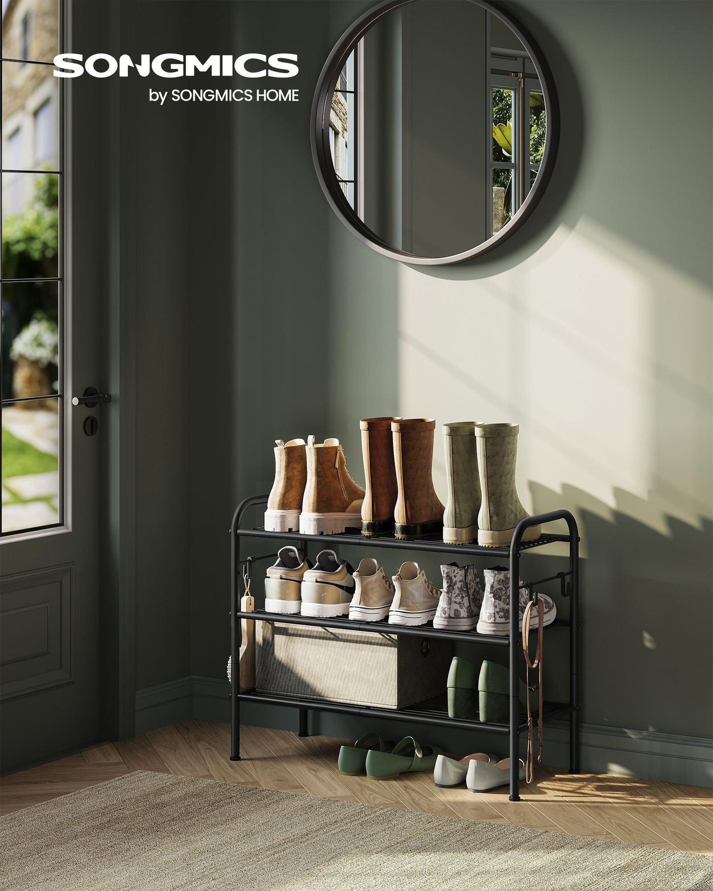 26.7" Wide 3-Tier Metal Shoe Rack with 4 Hooks Ink Black FredCo