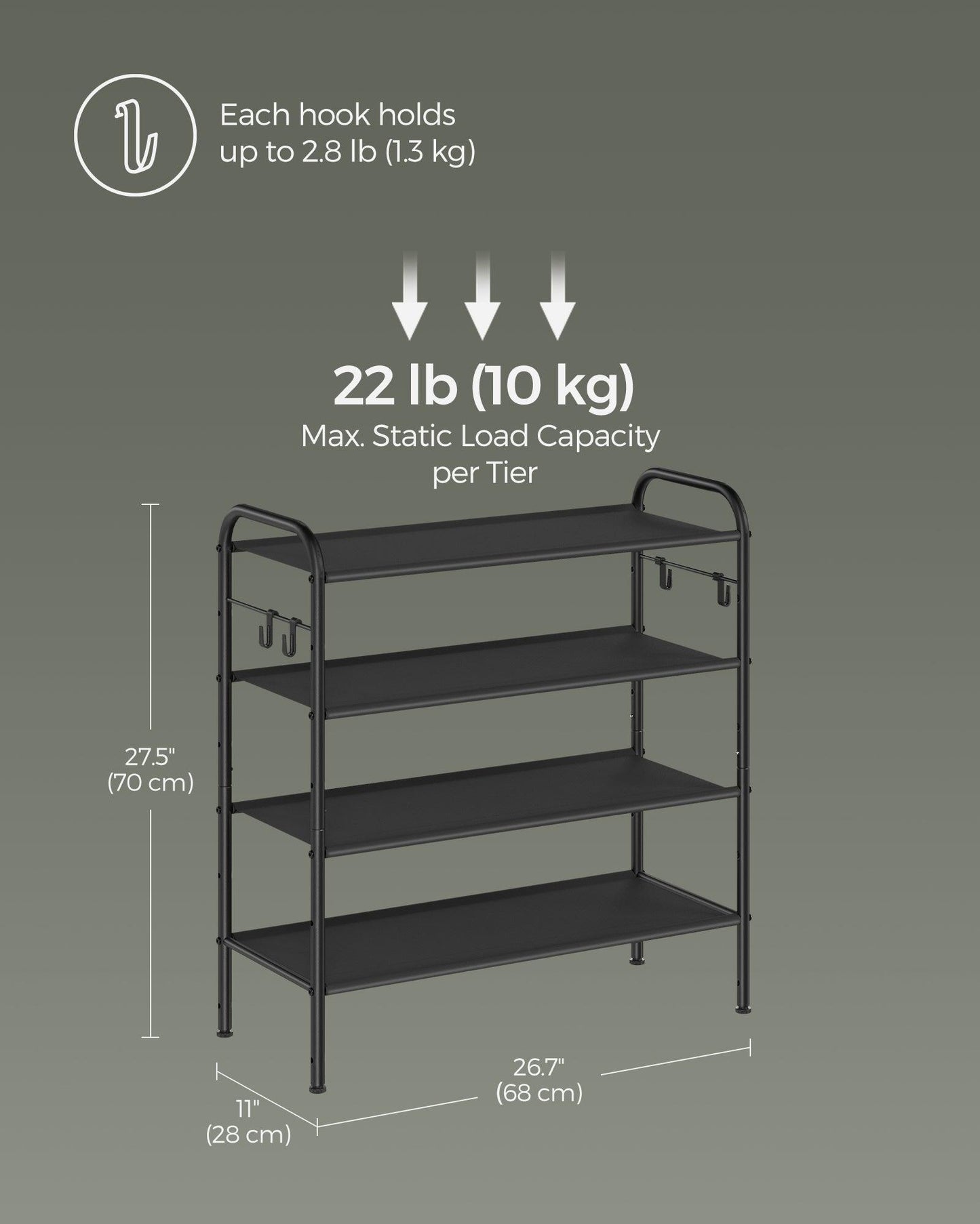 26.7" Wide 4-Tier Fabric Shoe Rack with 4 Hooks Ink Black FredCo