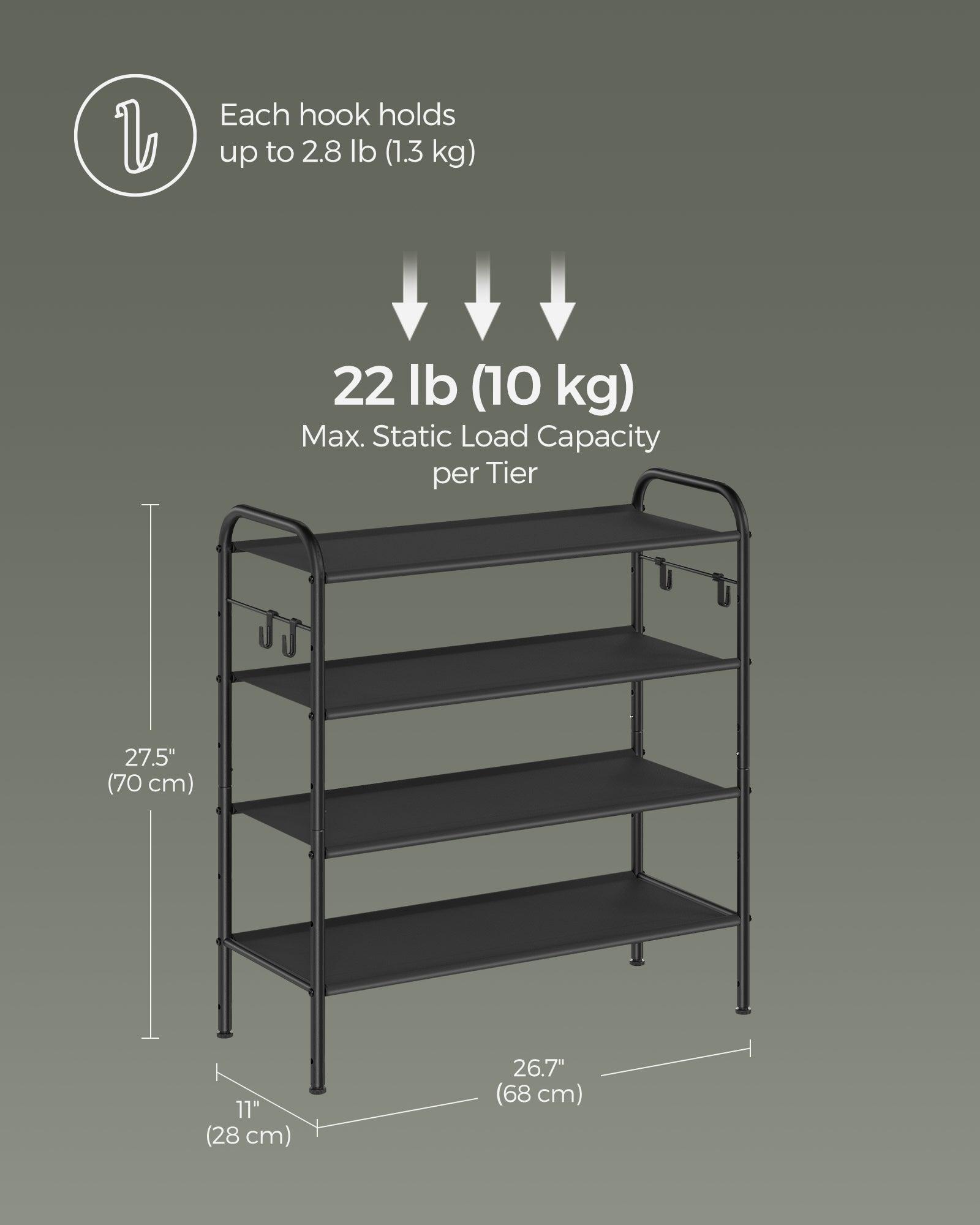 26.7" Wide 4-Tier Fabric Shoe Rack with 4 Hooks Ink Black FredCo