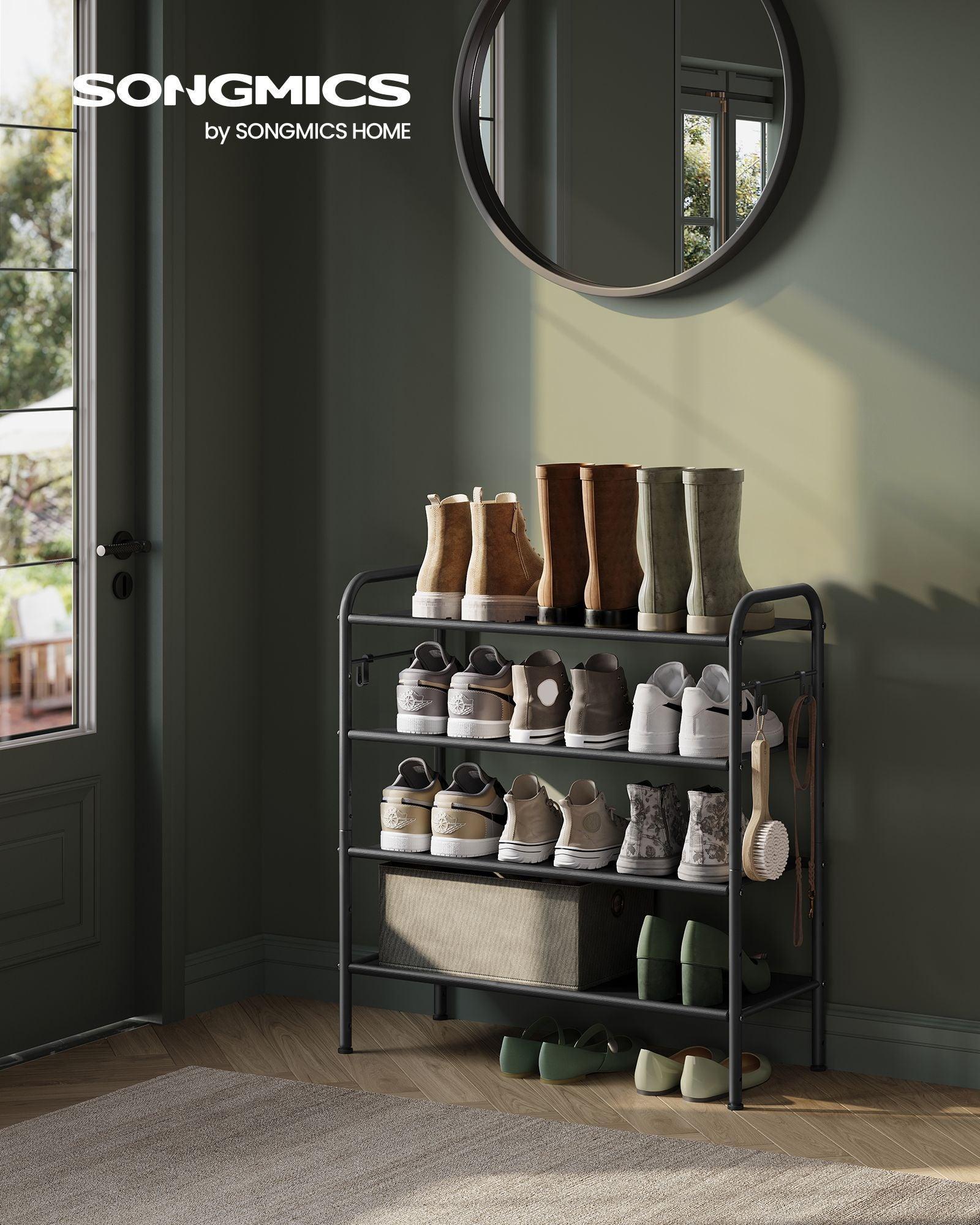 26.7" Wide 4-Tier Fabric Shoe Rack with 4 Hooks Ink Black FredCo