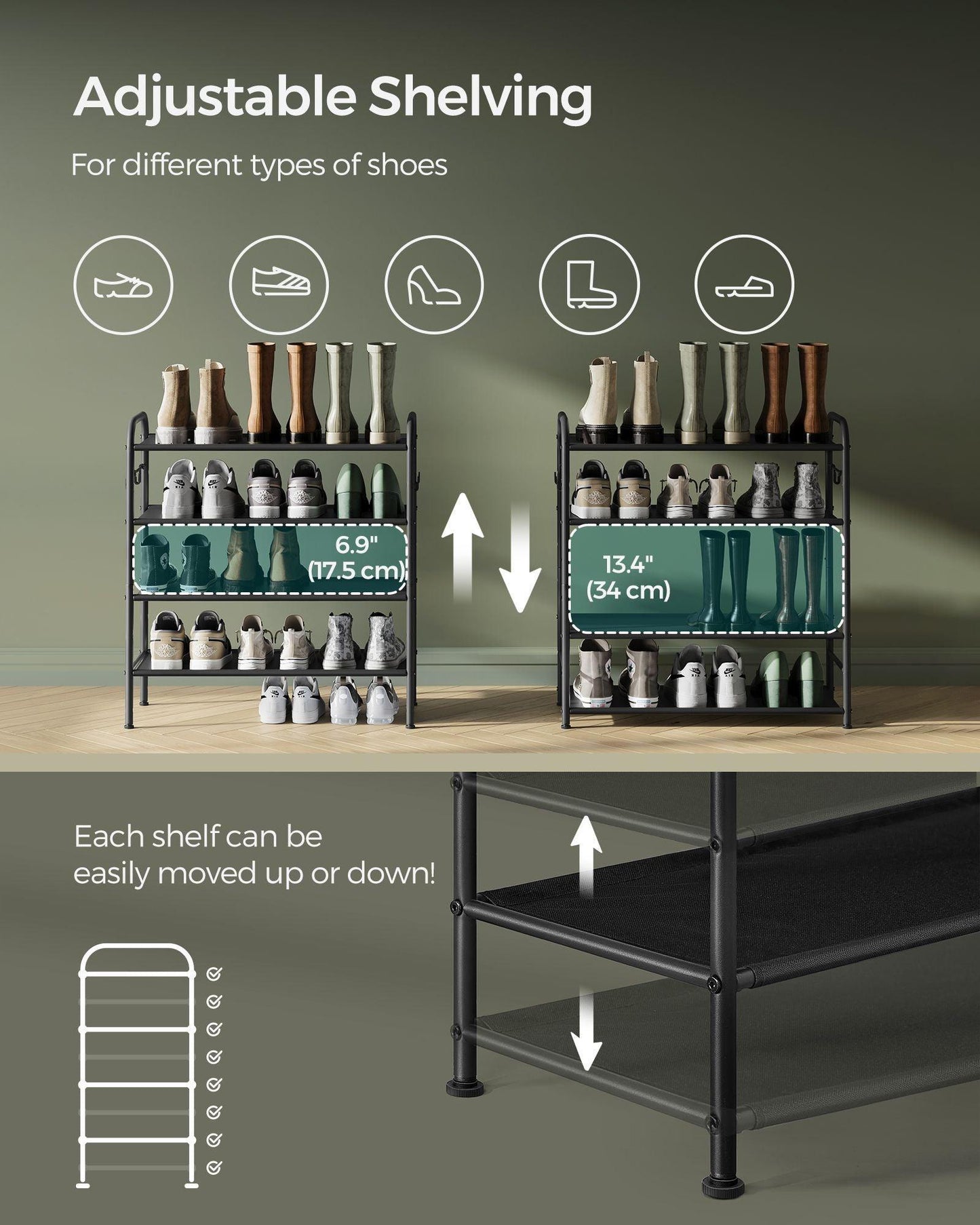 26.7" Wide 4-Tier Fabric Shoe Rack with 4 Hooks Ink Black FredCo