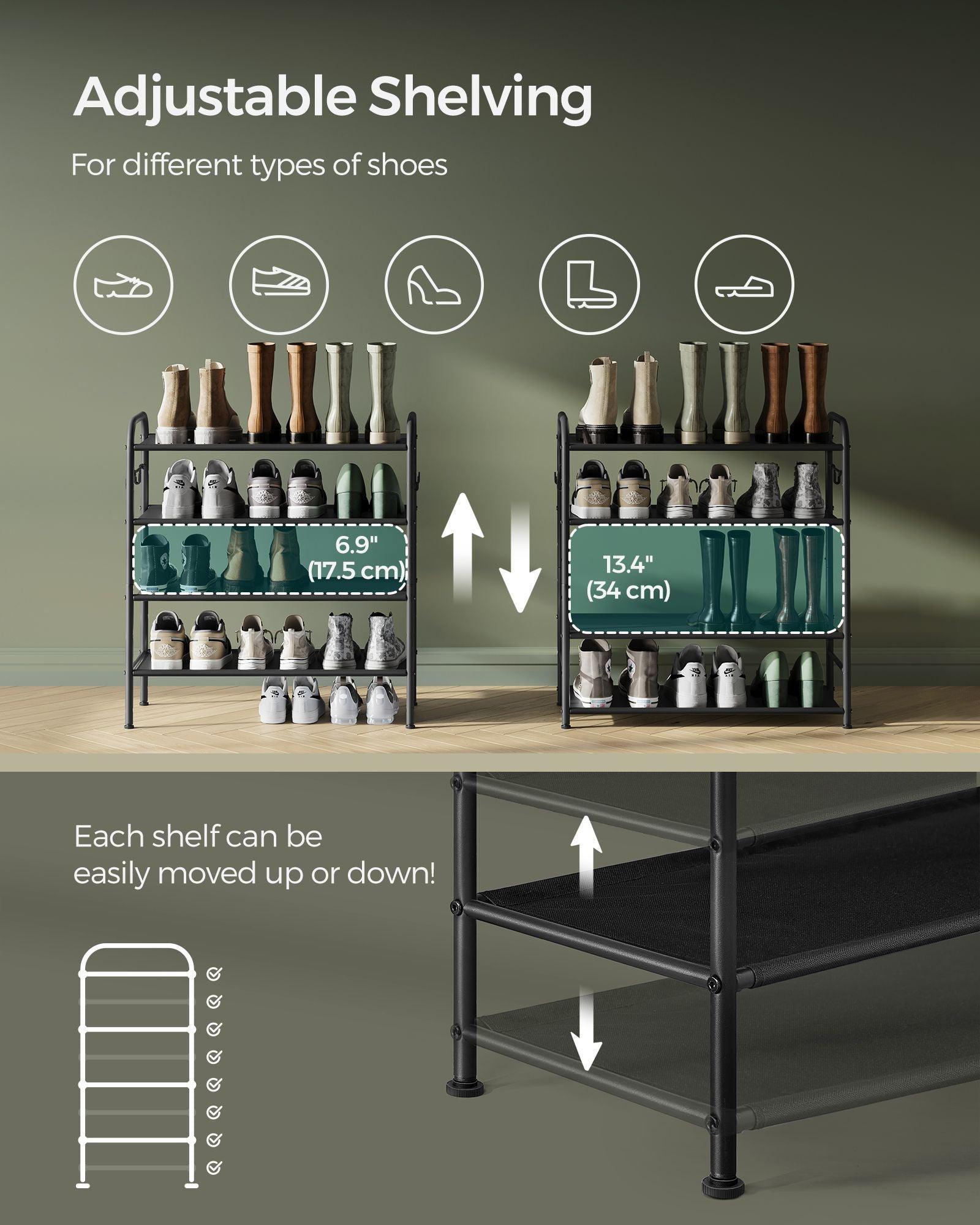 26.7" Wide 4-Tier Fabric Shoe Rack with 4 Hooks Ink Black FredCo