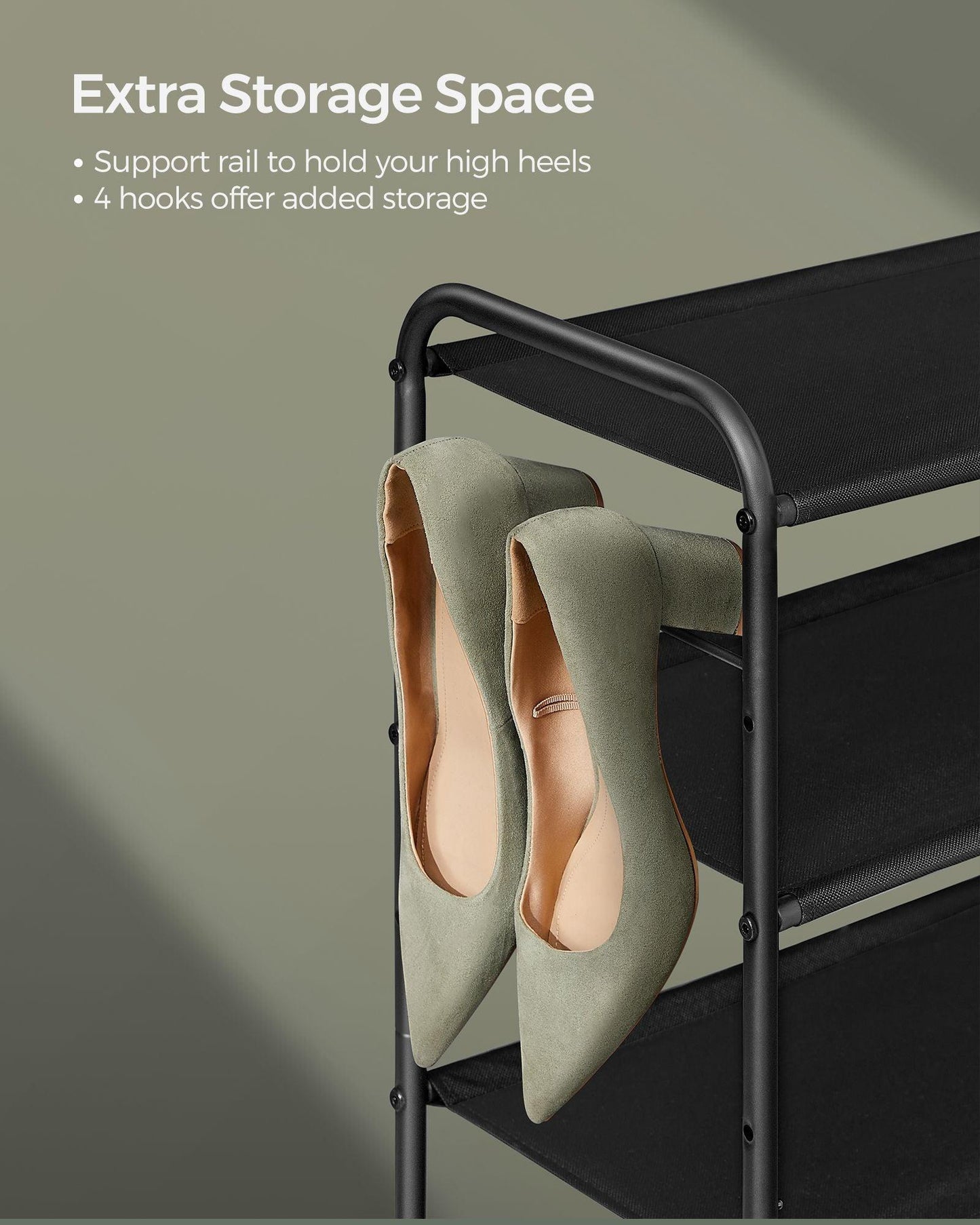 26.7" Wide 4-Tier Fabric Shoe Rack with 4 Hooks Ink Black FredCo