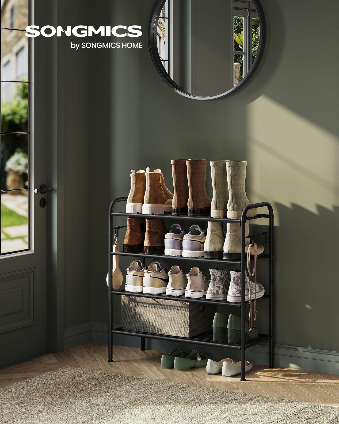 26.7" Wide 4-Tier Metal Shoe Rack with 4 Hooks Ink Black FredCo