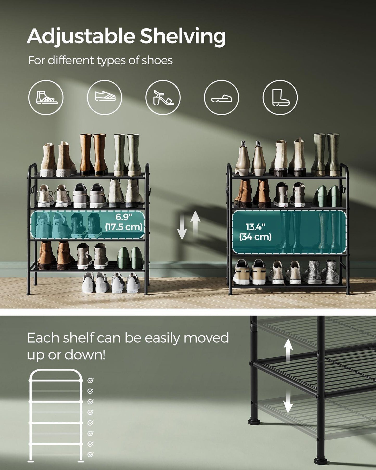 26.7" Wide 4-Tier Metal Shoe Rack with 4 Hooks Ink Black FredCo