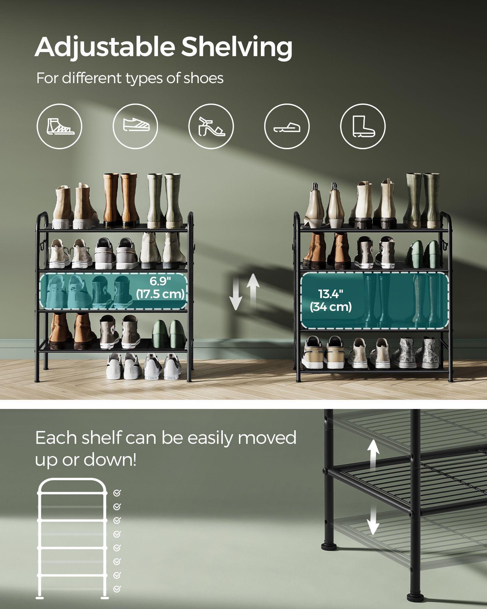 26.7" Wide 4-Tier Metal Shoe Rack with 4 Hooks Ink Black FredCo