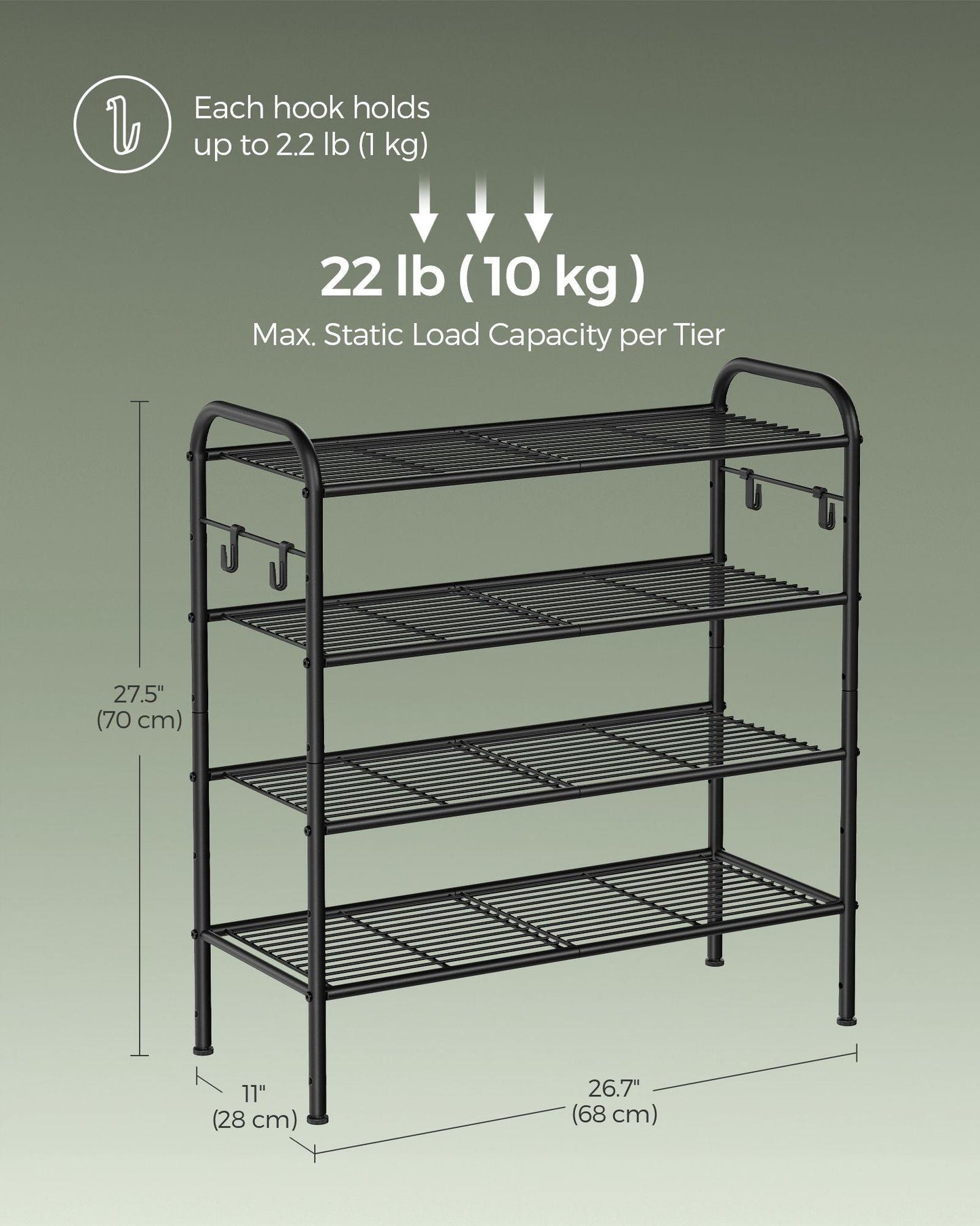 26.7" Wide 4-Tier Metal Shoe Rack with 4 Hooks Ink Black FredCo