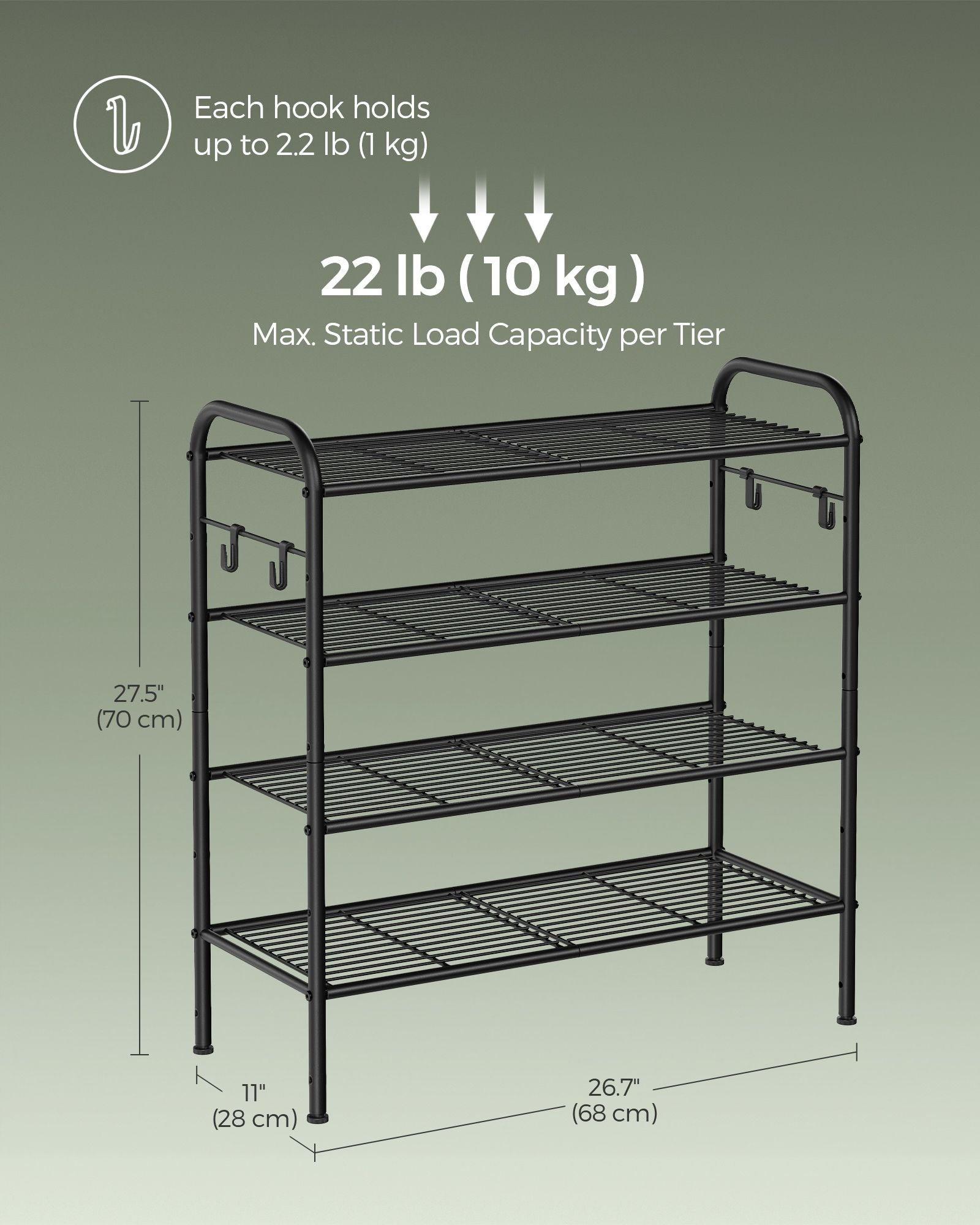 26.7" Wide 4-Tier Metal Shoe Rack with 4 Hooks Ink Black FredCo