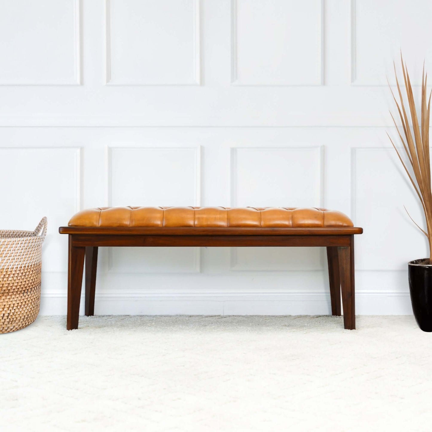 Arden Tan Leather Bench With Buttons FredCo