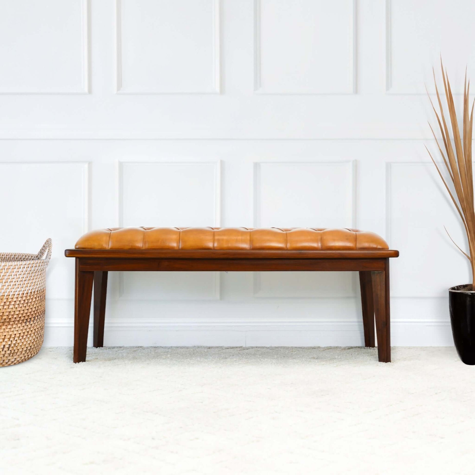 Arden Tan Leather Bench With Buttons FredCo
