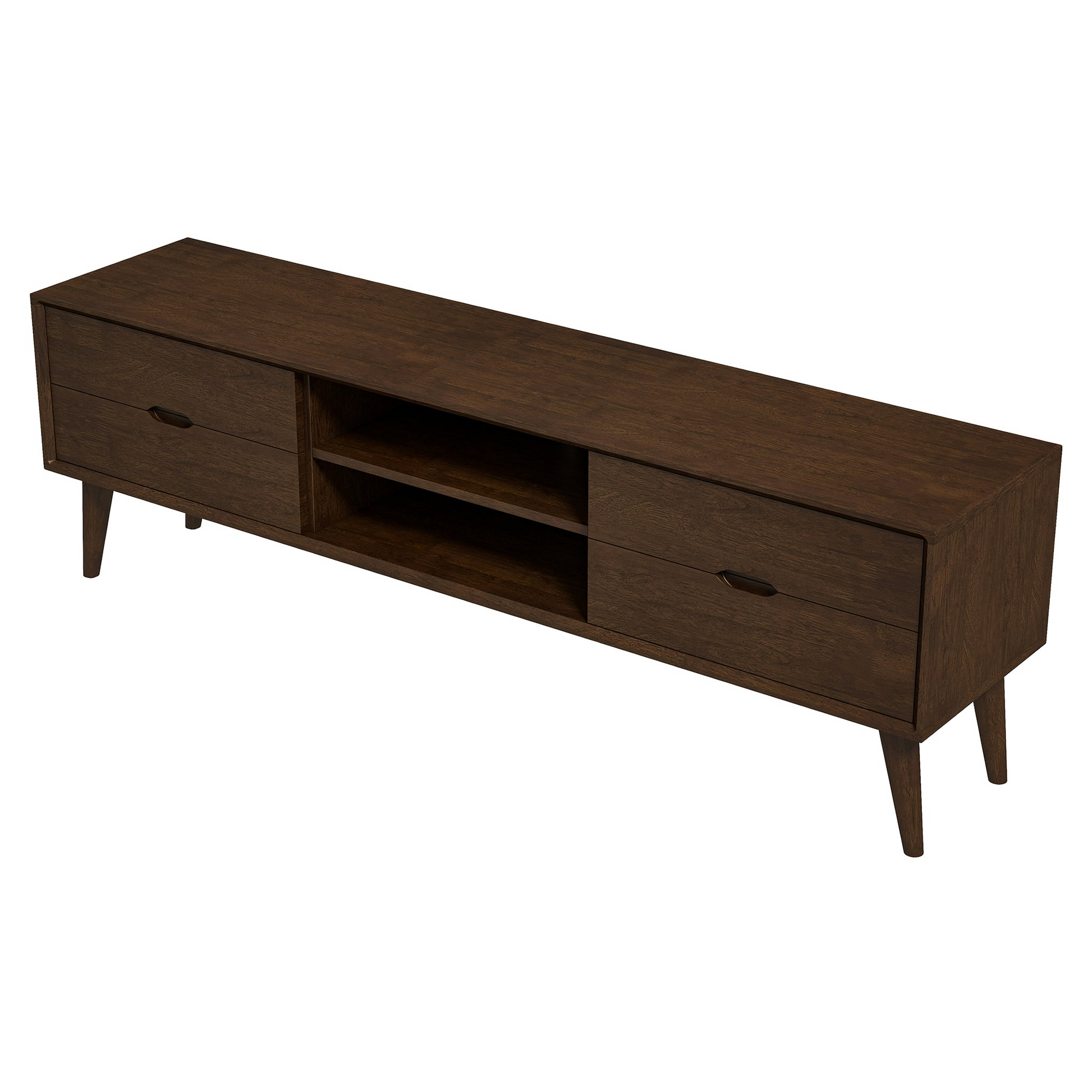 Mid-century modern wooden TV stand with drawers and open shelves, FredCo International furniture