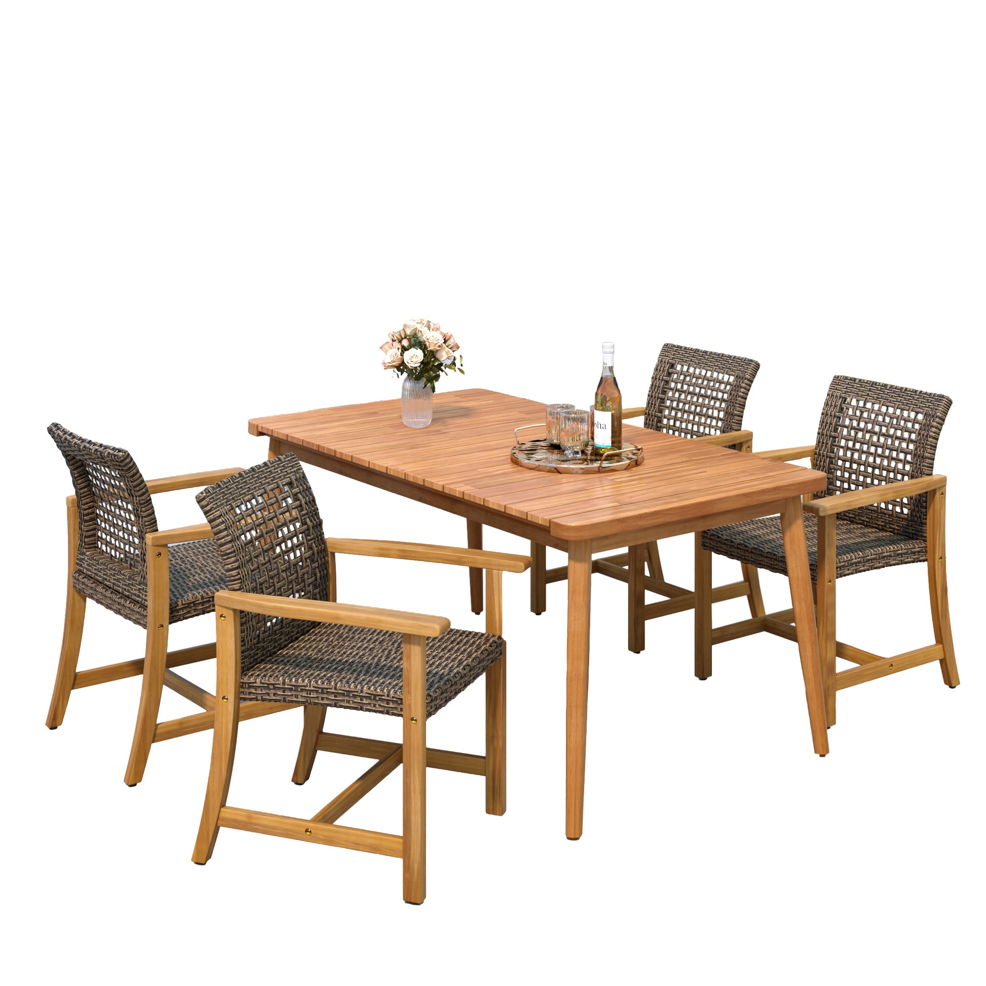 5-Piece Patio Dining Set, 63' Slatted Table & 4 Acacia Wood & PE Rattan Chairs for Patio Garden FredCo