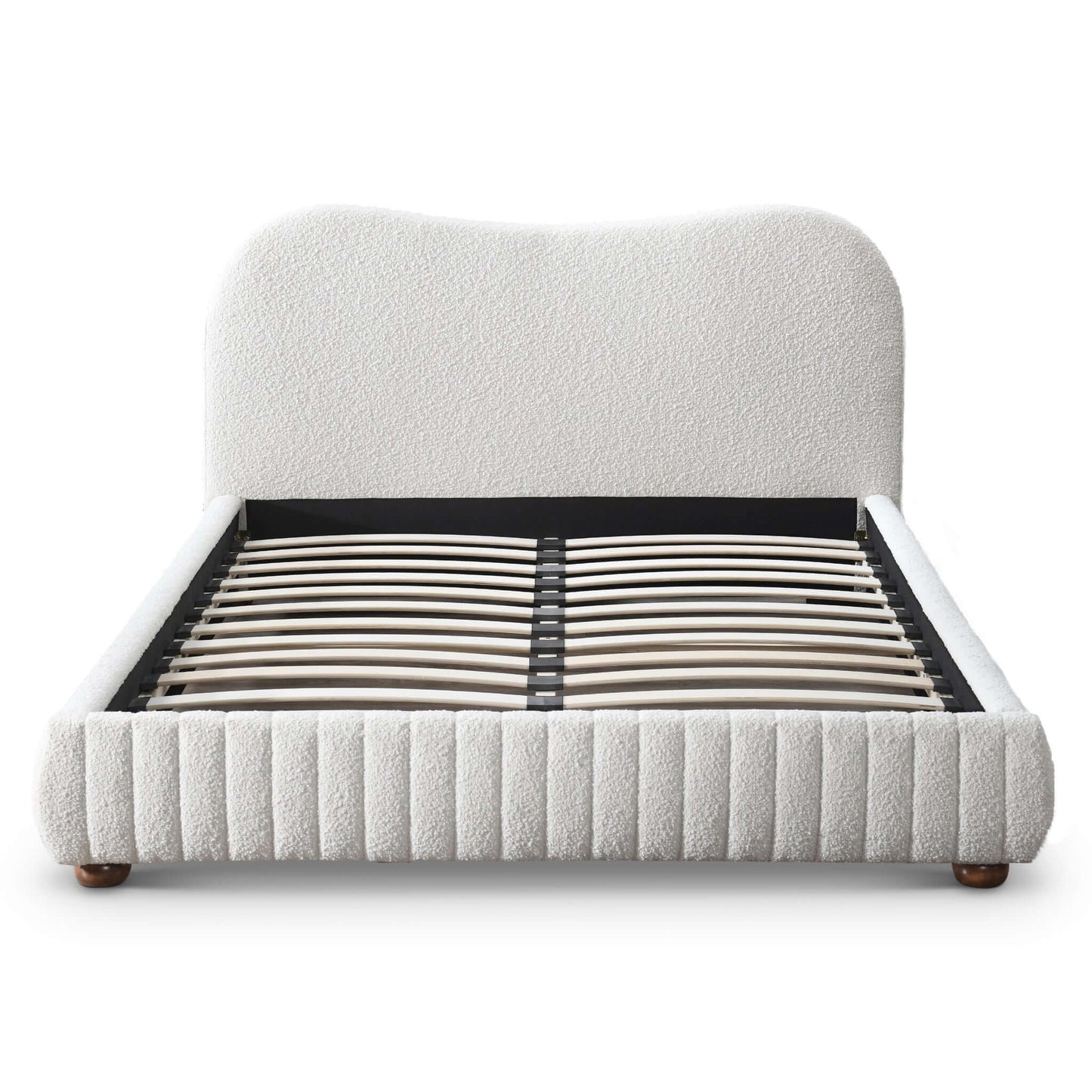 Modern upholstered bed frame with curved headboard and wood slats, FredCo International furniture